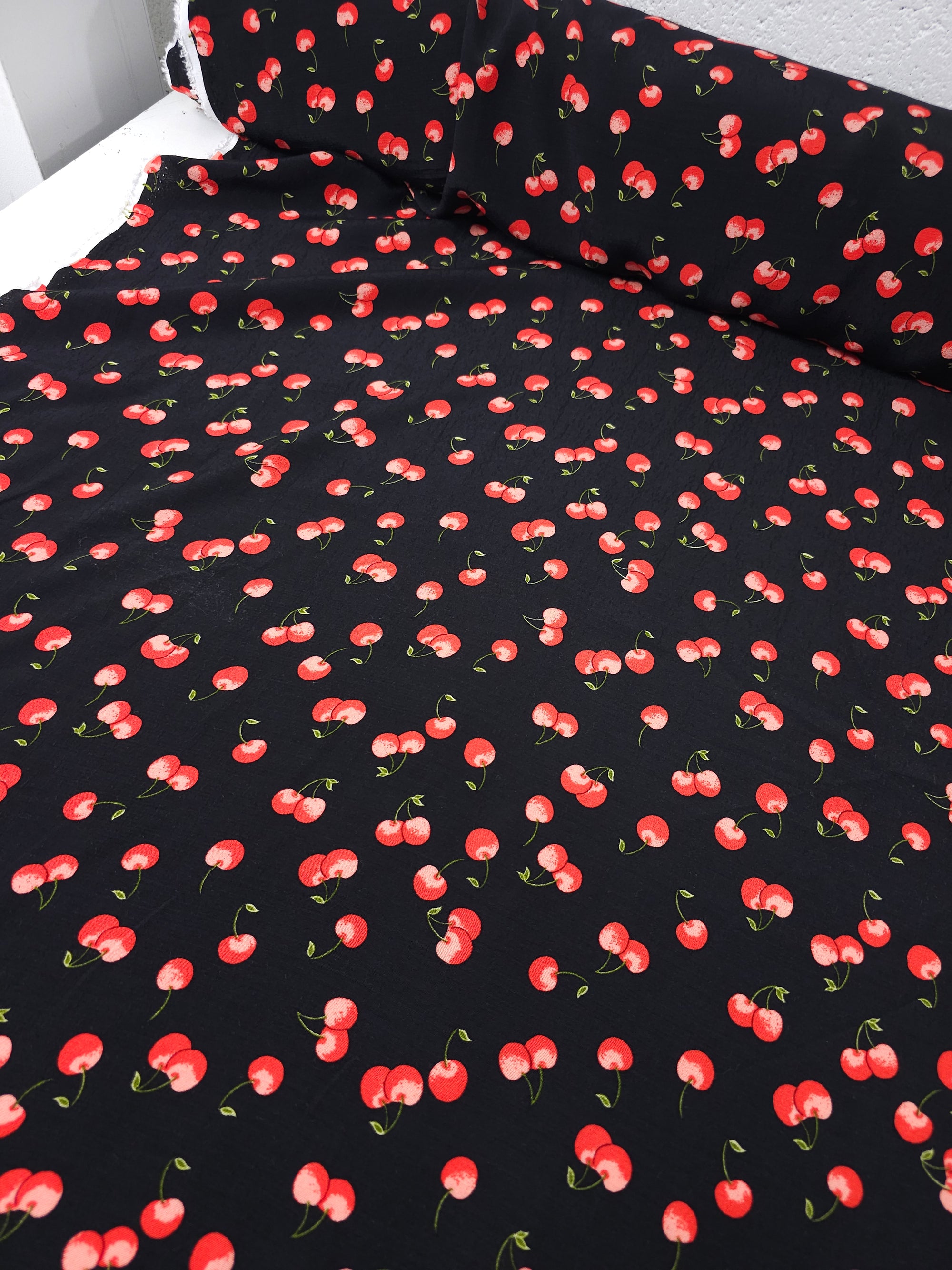 Red/Black Floating Cherry Mania Viscose Crepe