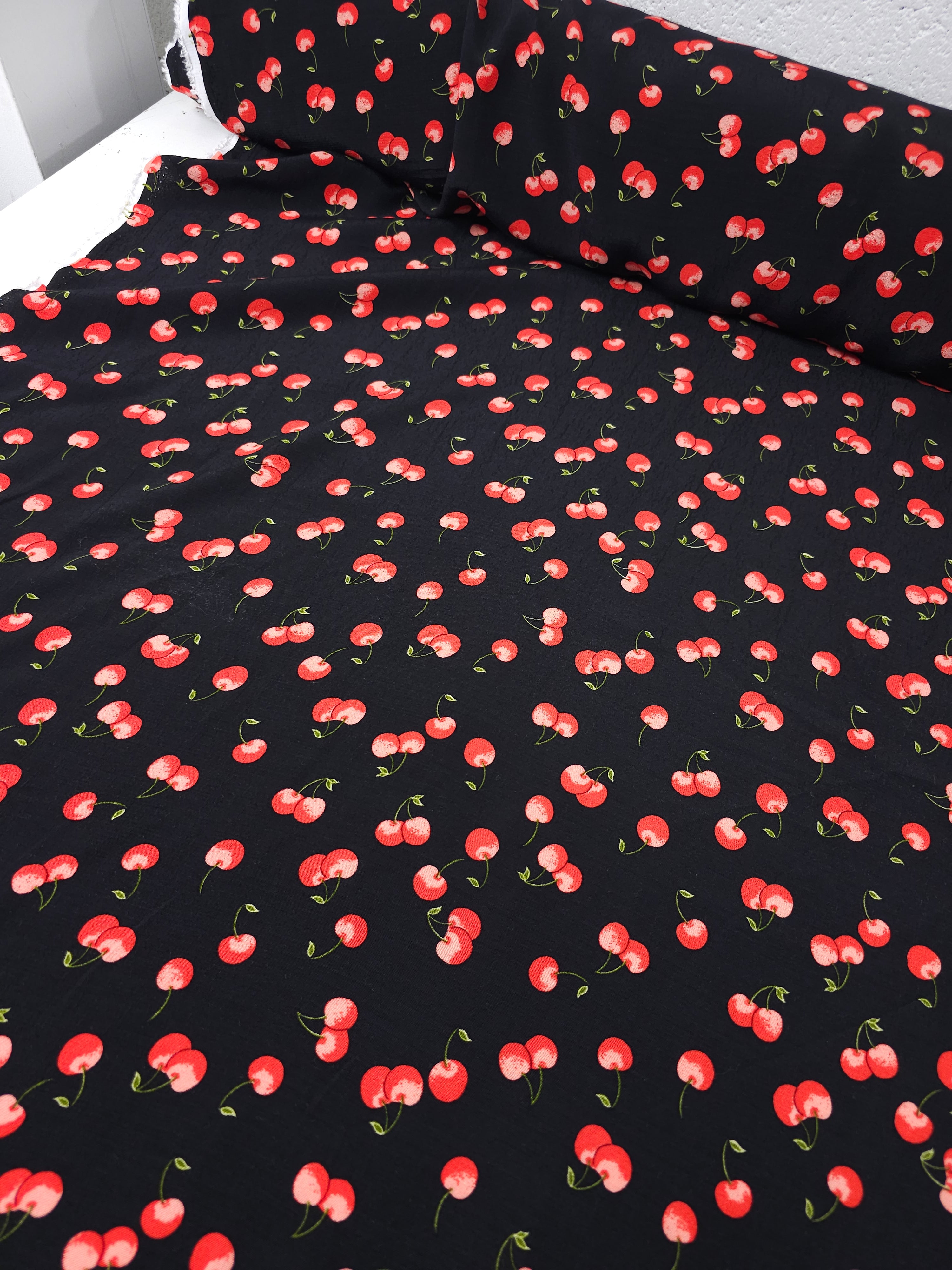 Red/Black Floating Cherry Mania Viscose Crepe