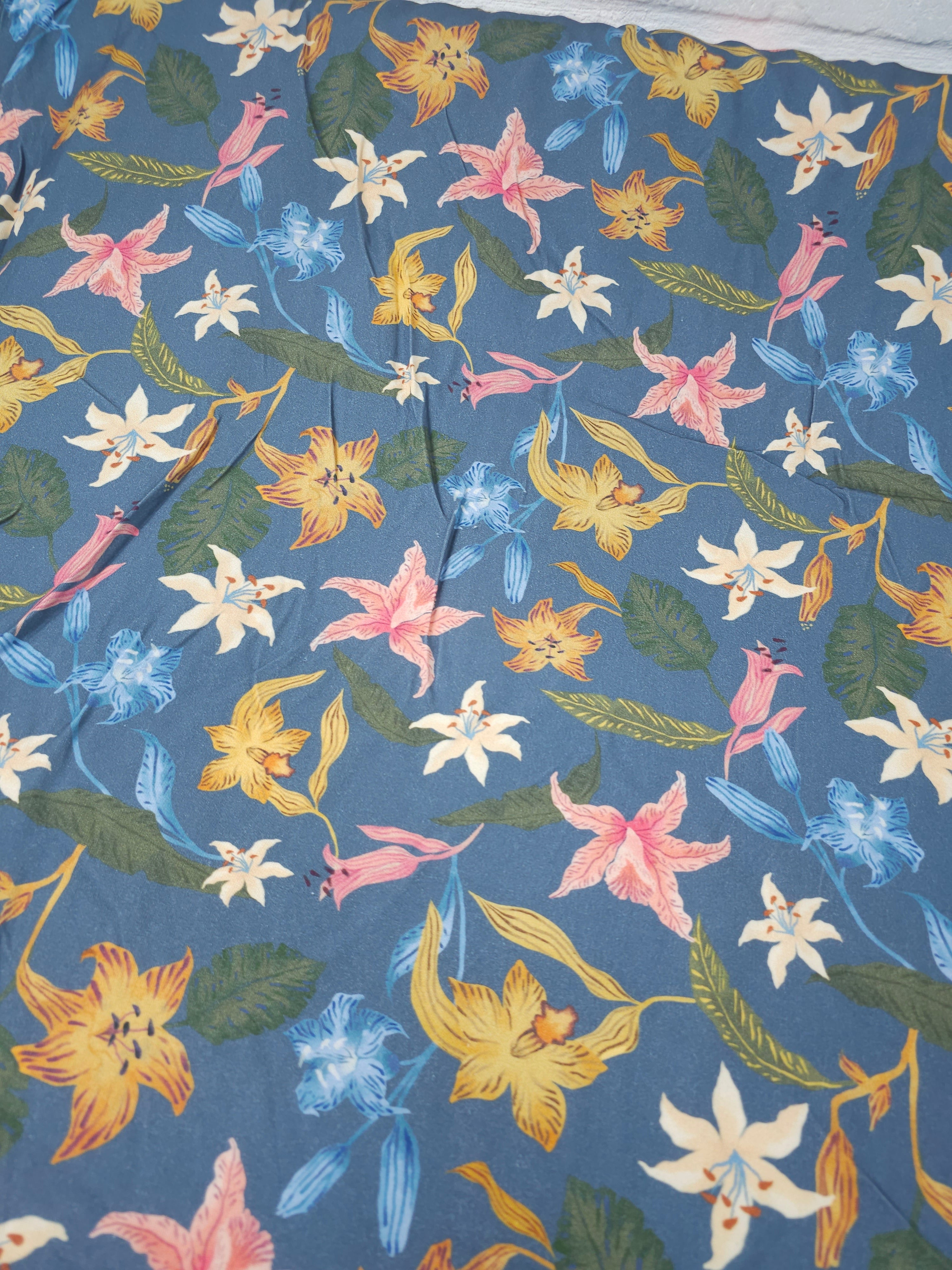 Petrol Blue Wonder Floral Viscose Twill
