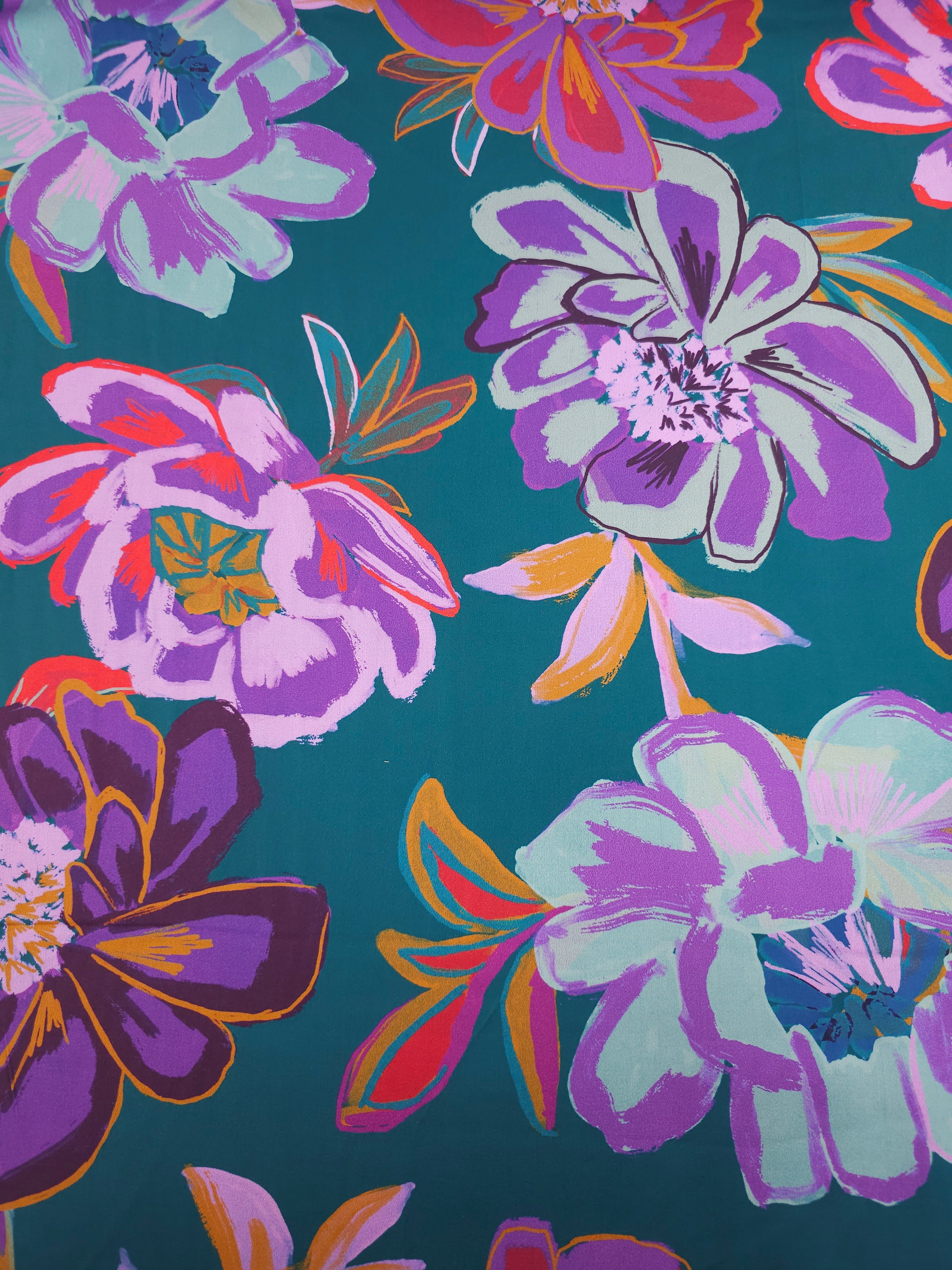 Teal/Purple Large Watercolour Floral Cotton Satin 60"