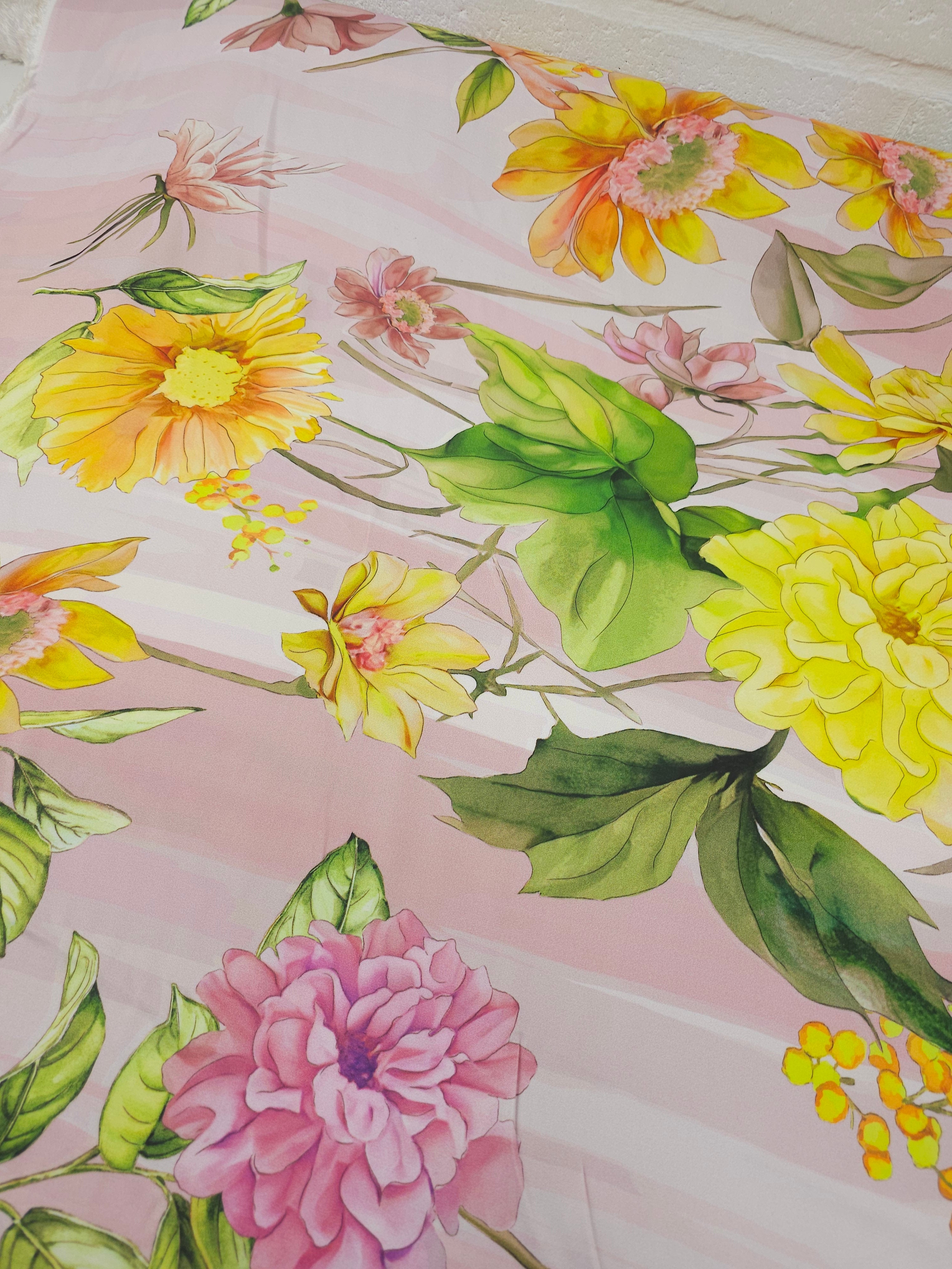 Pink/Yellow Large Flower Twines Viscose Satin