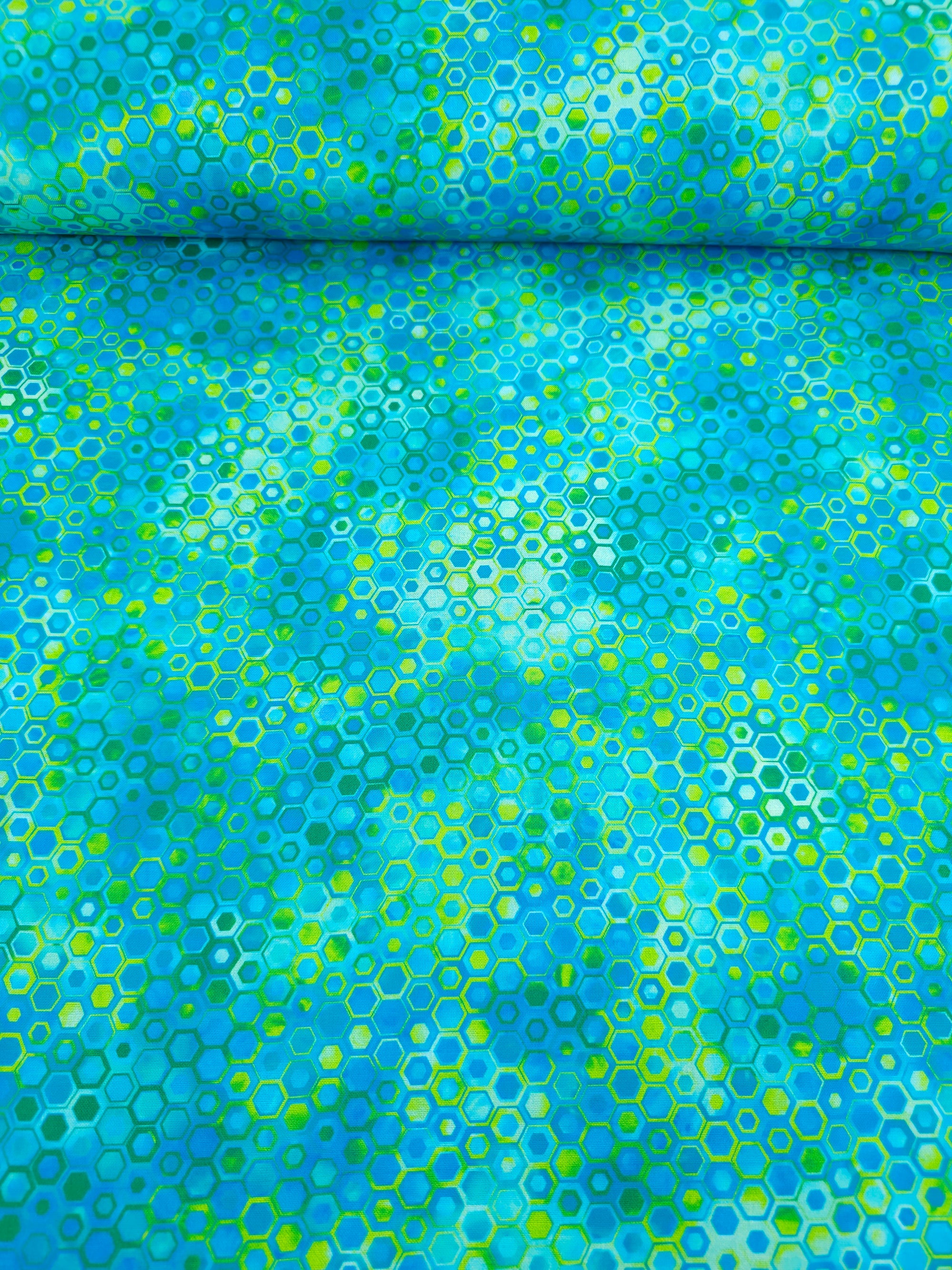 Blue/Lime Hexagon Phantasma 100% Cotton - Robert Kaufman