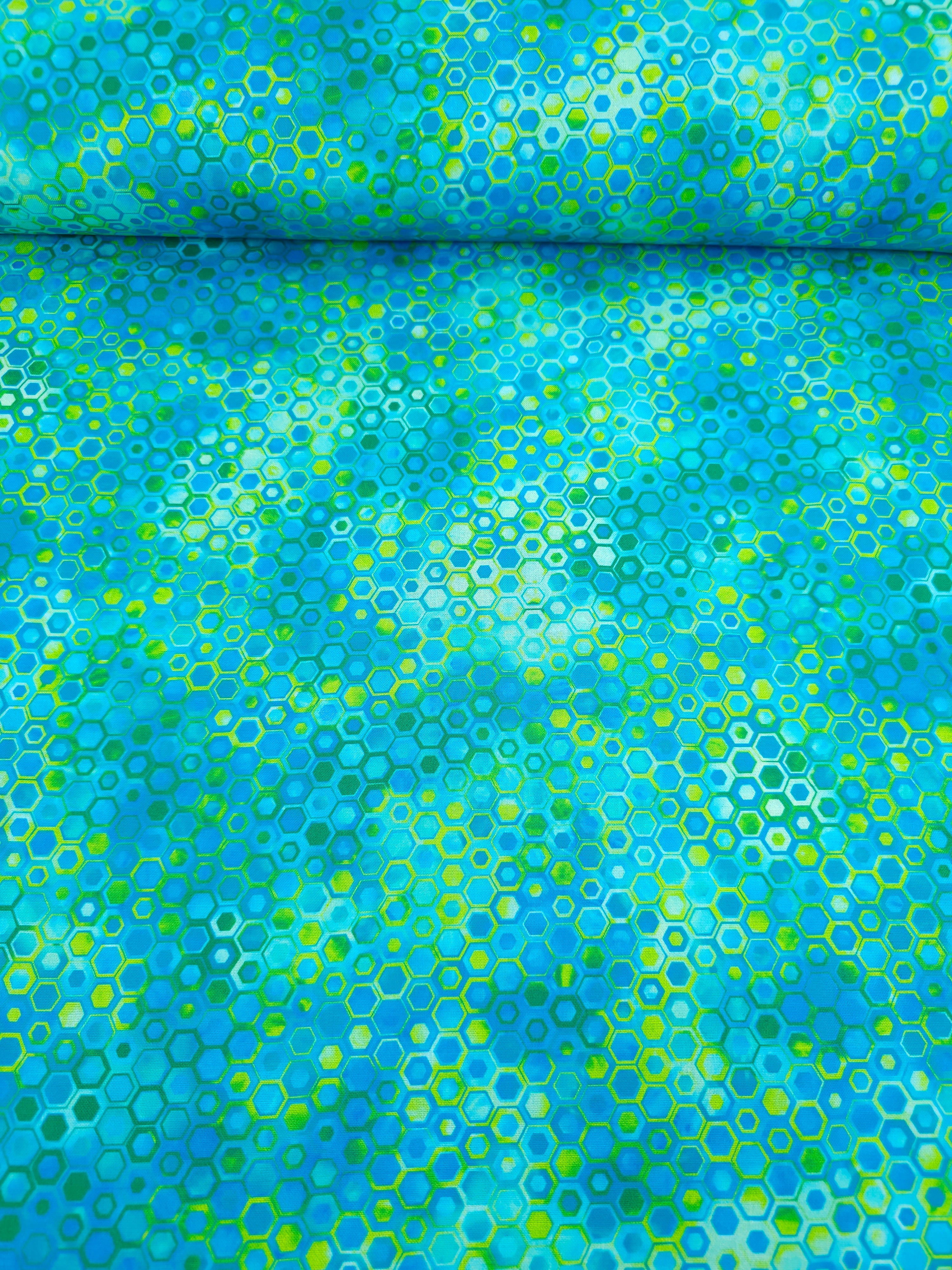 Blue/Lime Hexagon Phantasma 100% Cotton - Robert Kaufman
