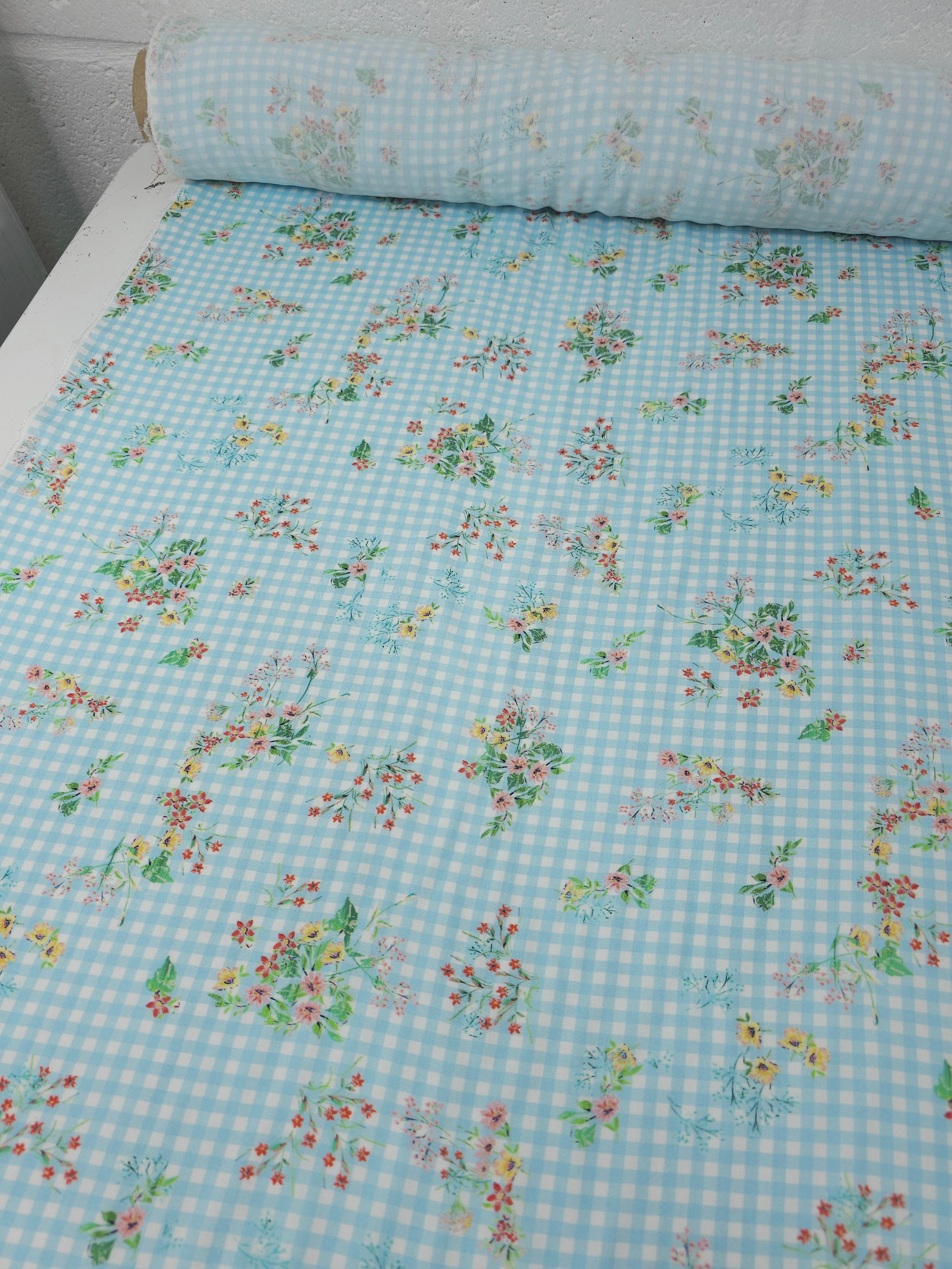 Light Blue Floral Bunch Gingham Viscose Challis