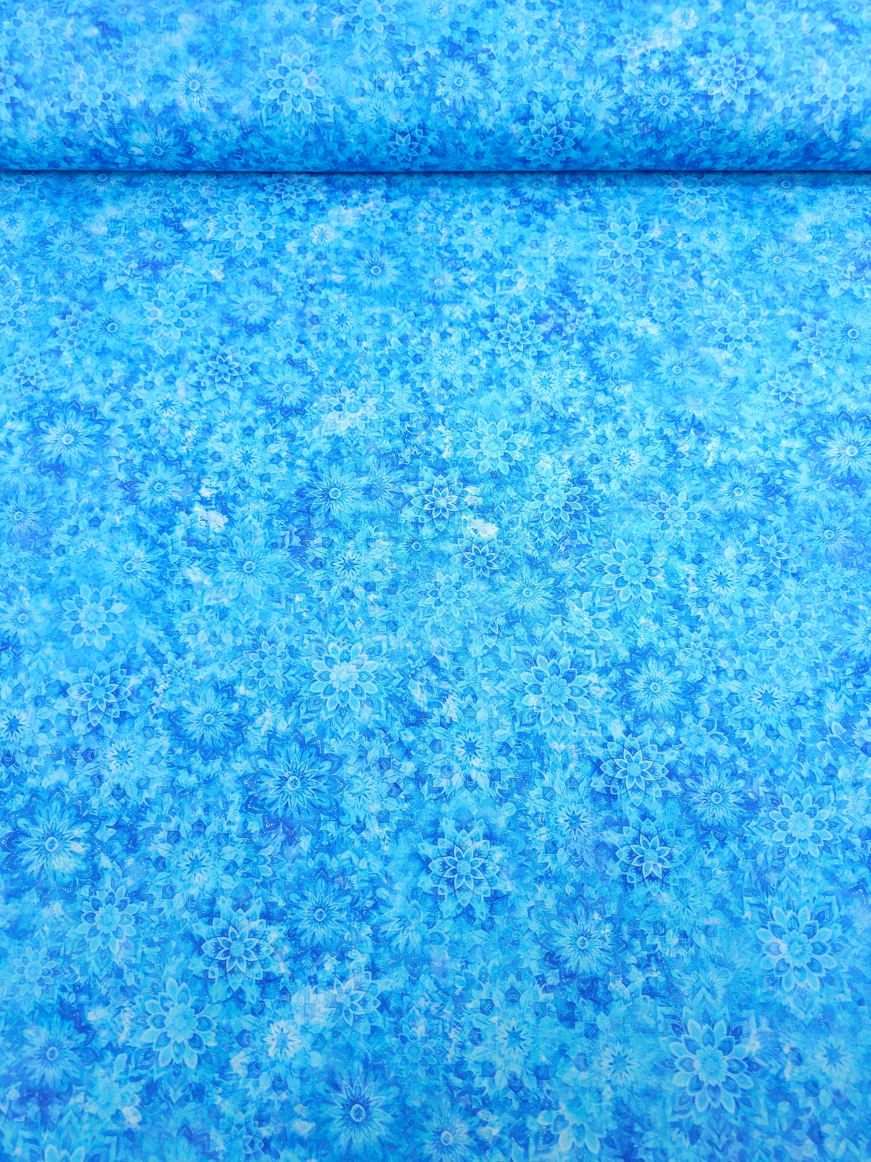 Light Blue Dancing Dahlias Kaleidoscope 100% Cotton 106" *EXTRA WIDE*