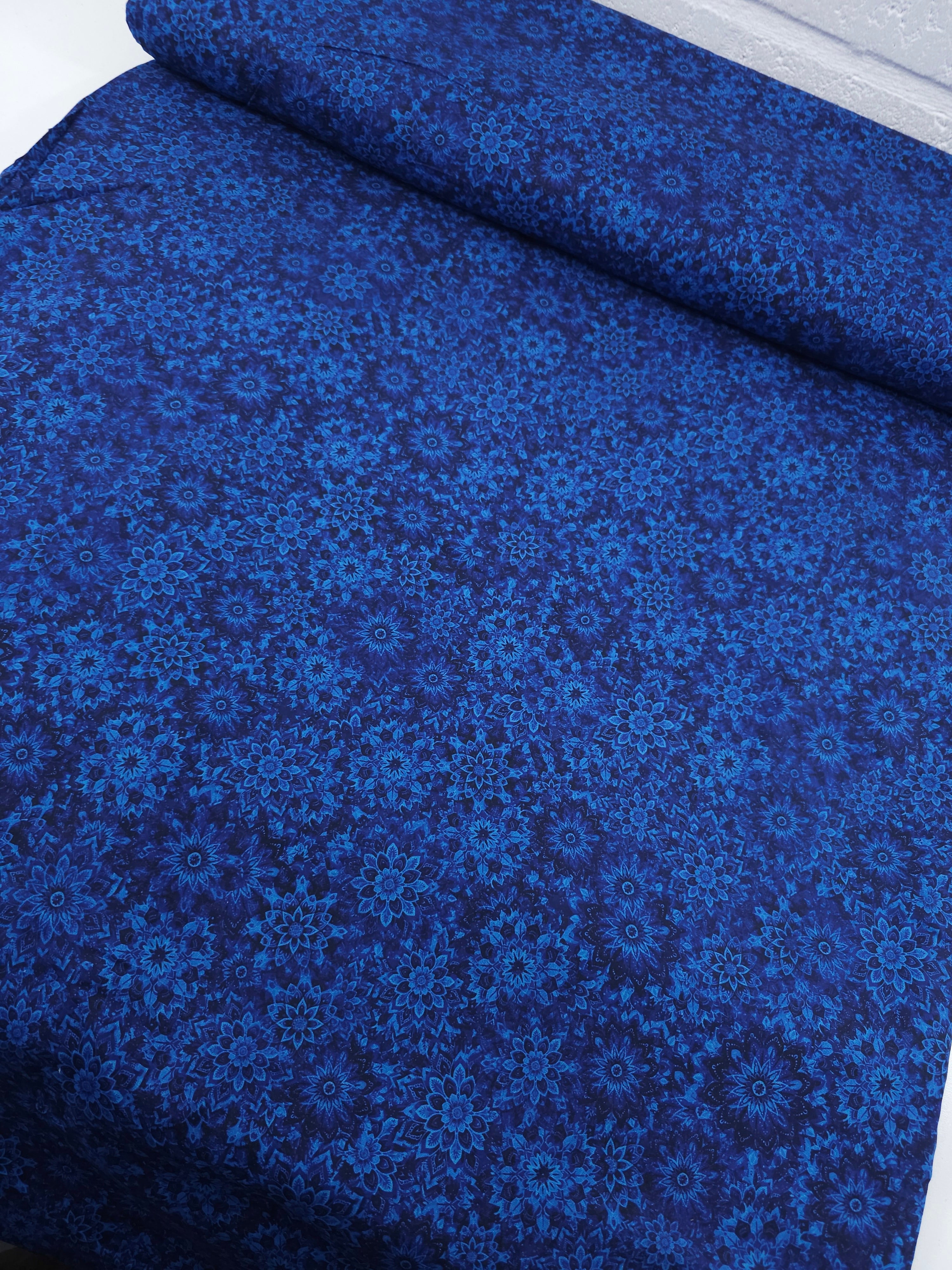 Deep Blue/Indigo Dancing Dahlias Kaleidoscope 100% Cotton 106" *EXTRA WIDE*