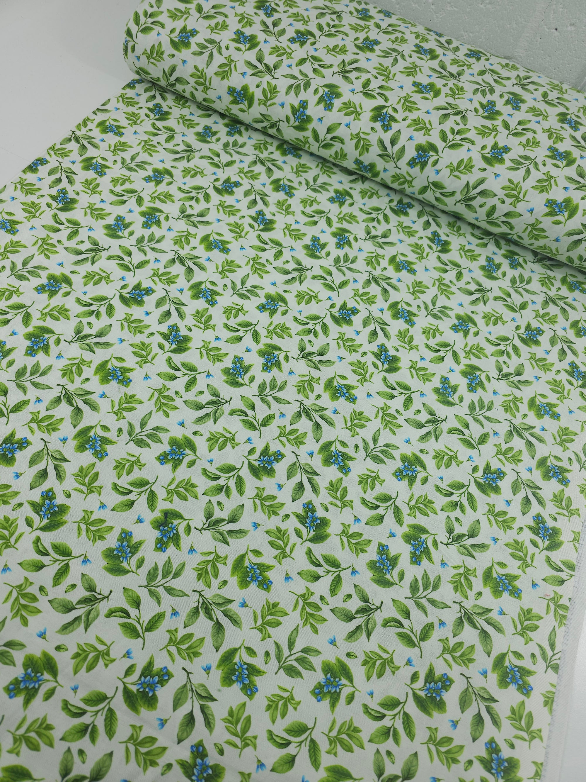 Light Green/Blue Leaf Floral 100% Cotton