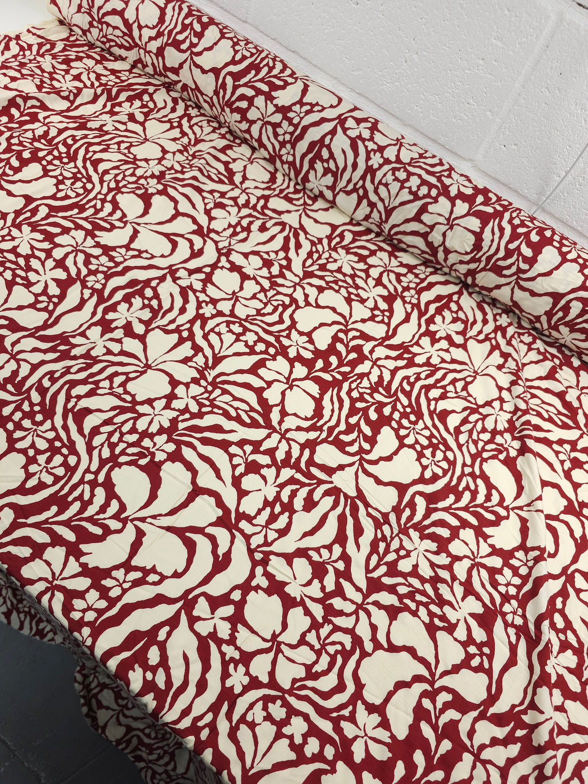 Burgundy/Cream Leaf Petal Outline Cotton Linen