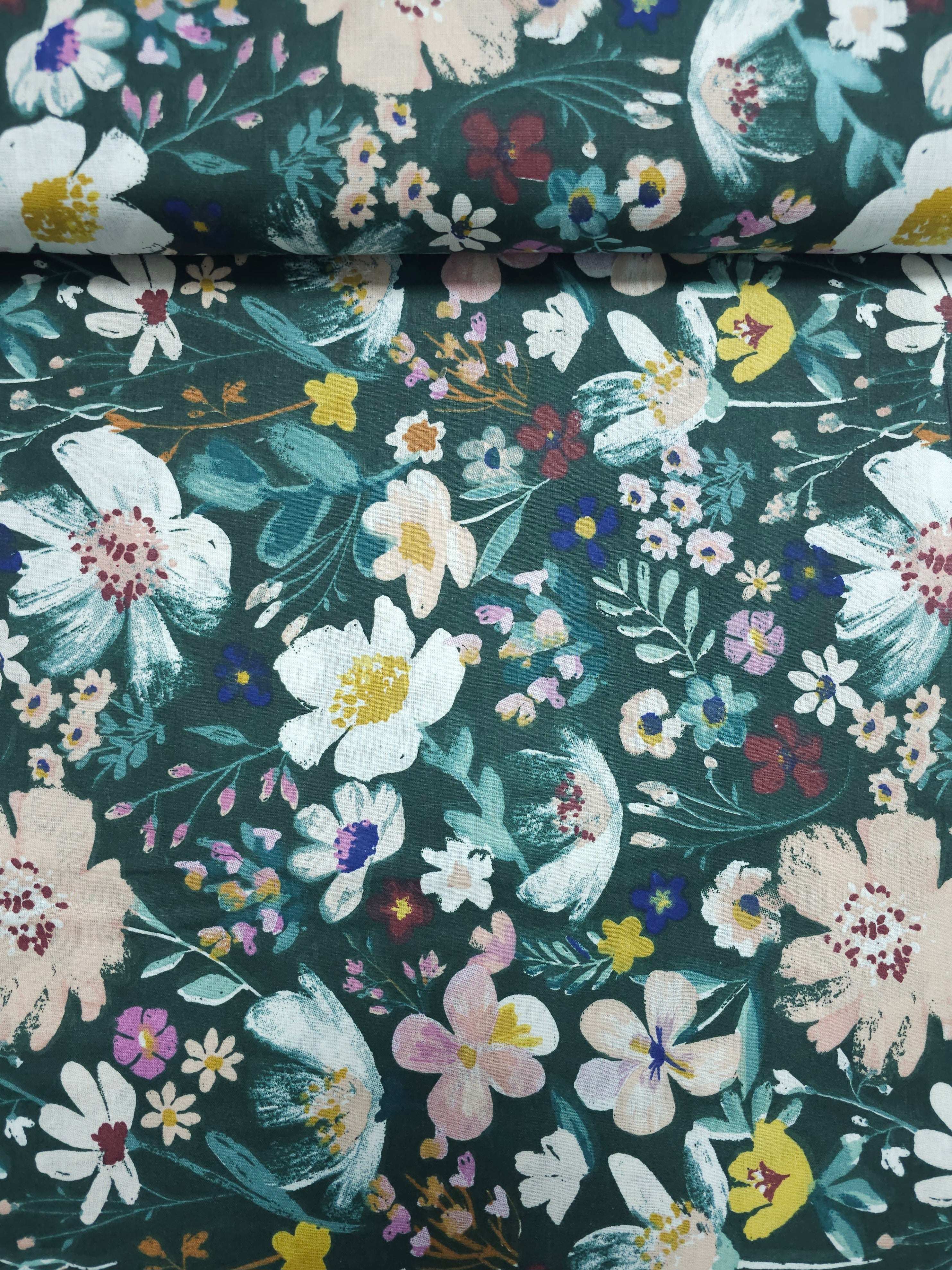Bottle Green Floral Meadow 100% Cotton 94"