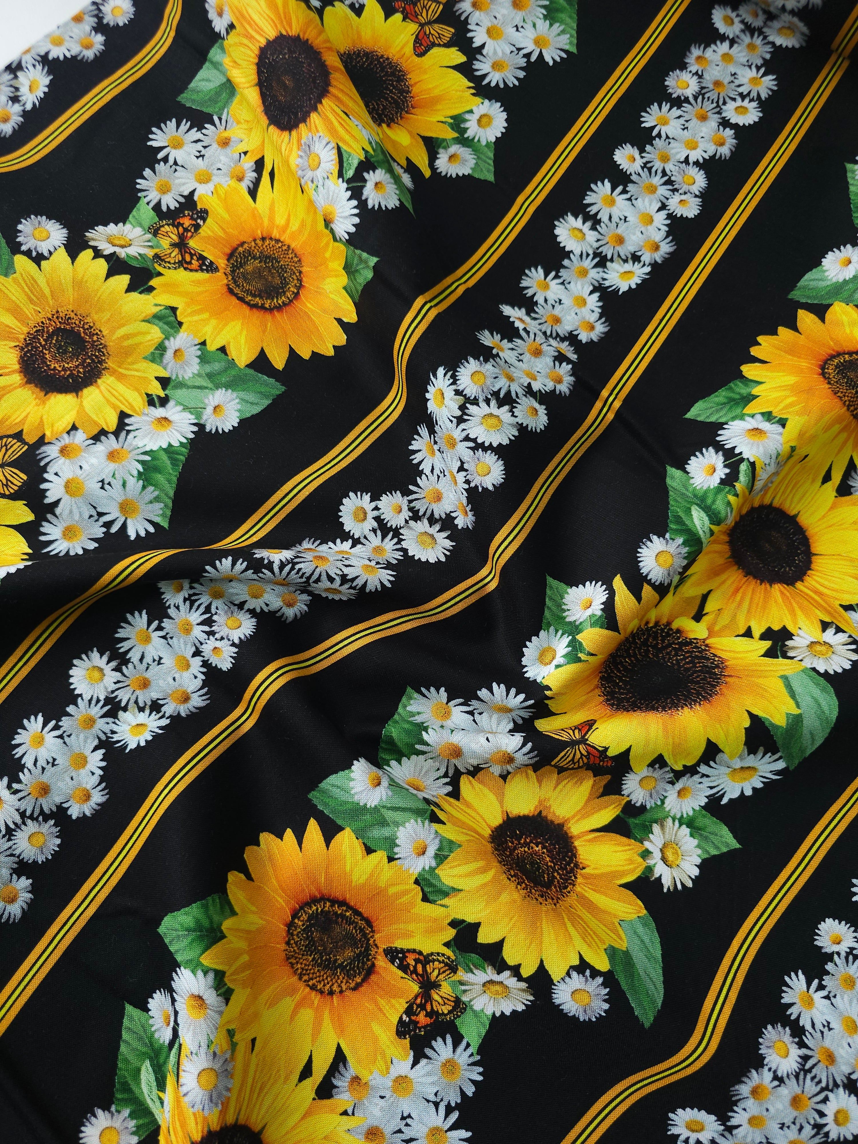Sunflower Daisy Large Panel Stripe 100% Cotton