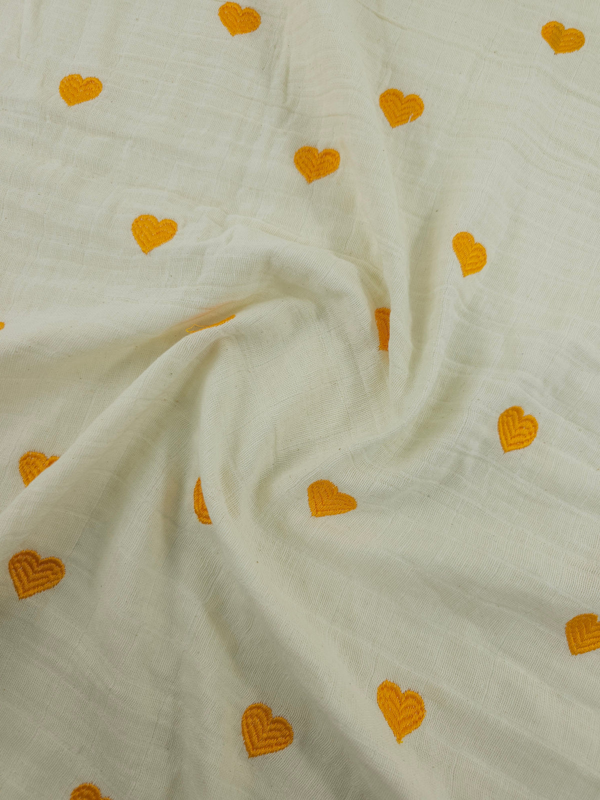 Marigold Orange Embroidered Hearts Grid Double Gauze