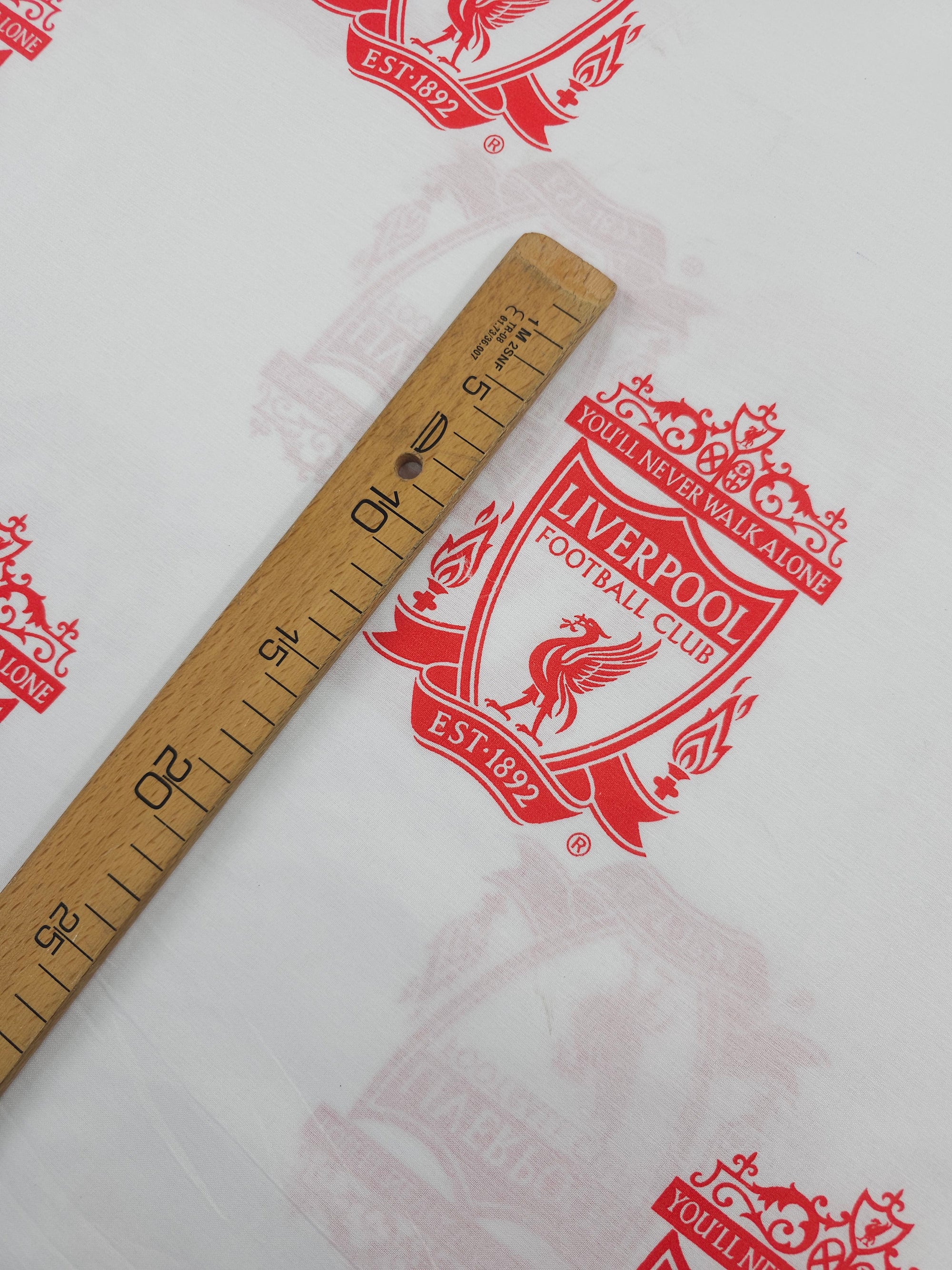 White/Red Liverpool FC Emblem 100% Cotton Football Fabric 106" *EXTRA WIDE*