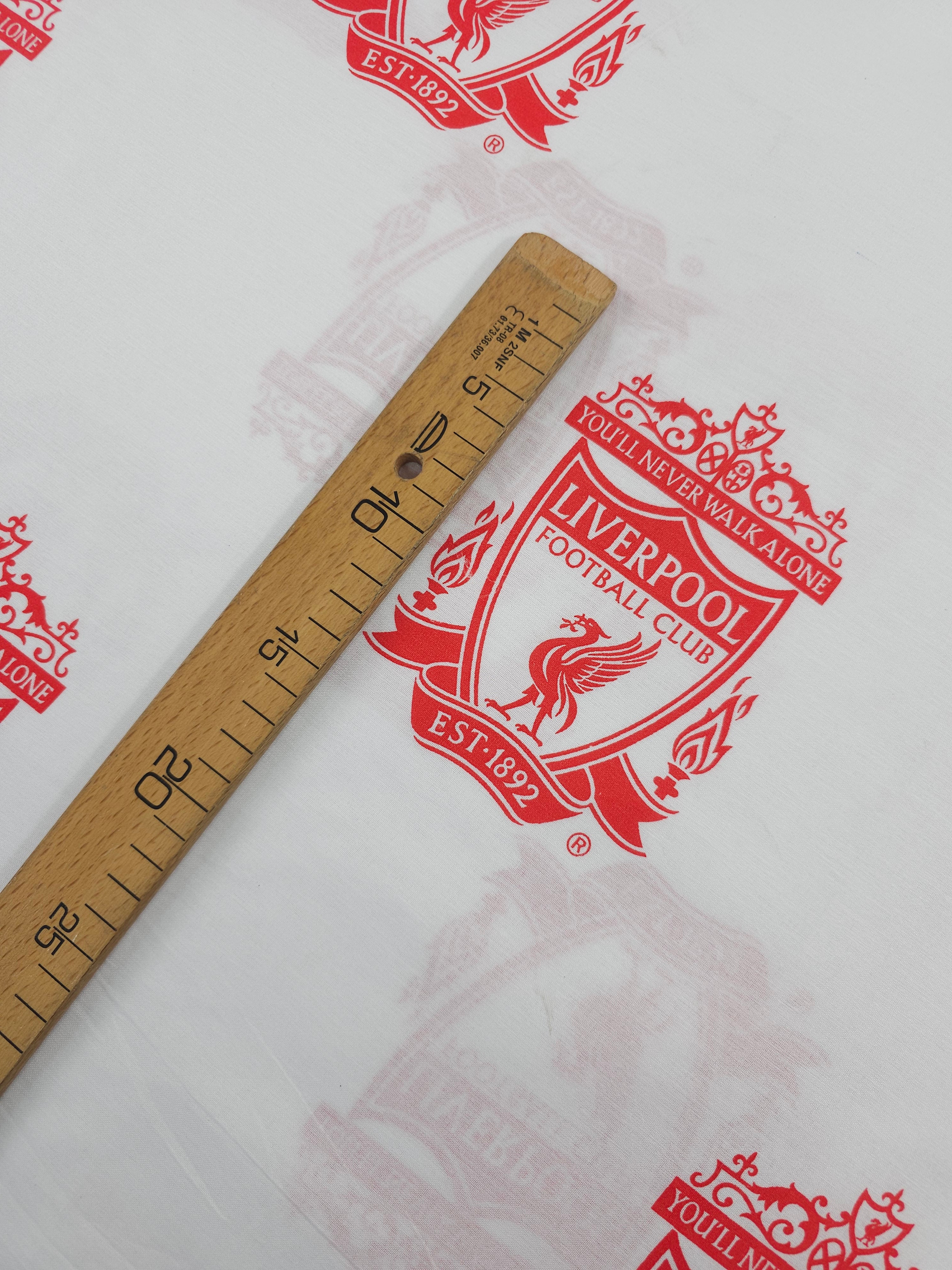 White/Red Liverpool FC Emblem 100% Cotton Football Fabric 106" *EXTRA WIDE*