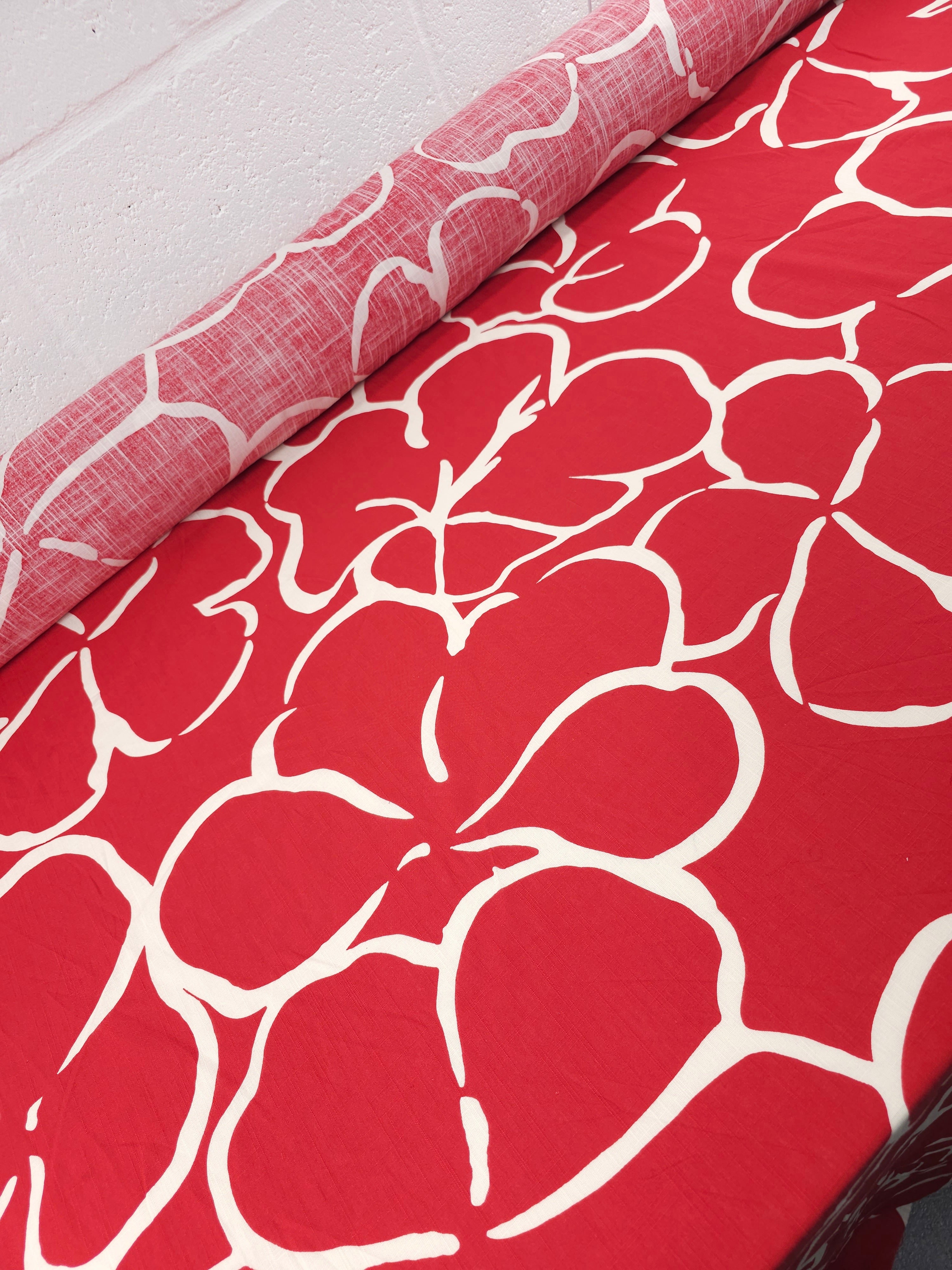 Red/White Large Floral Outline Lightweight Cotton