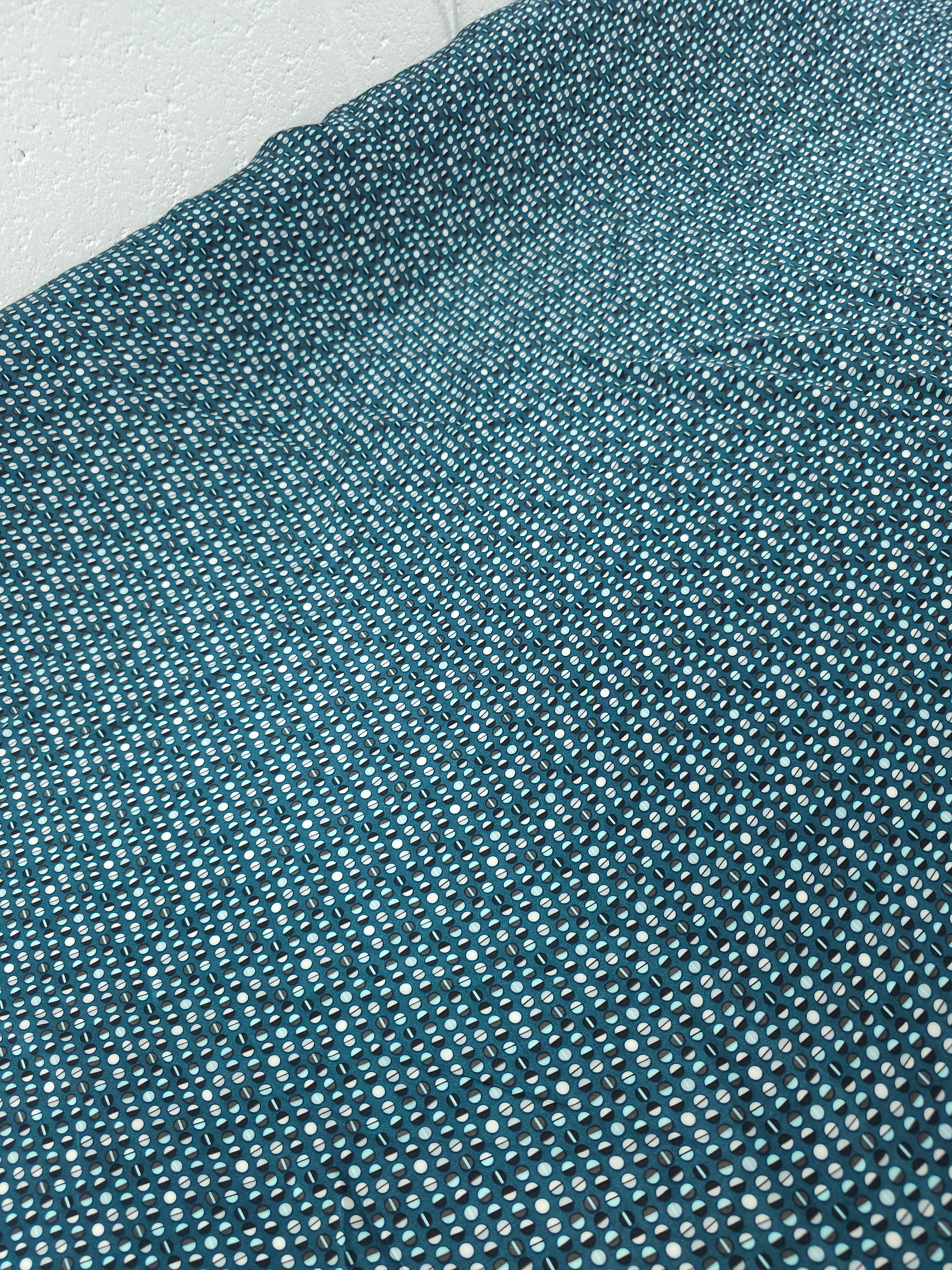 Teal Geometric Mini Circles Satin Backed Viscose Crepe