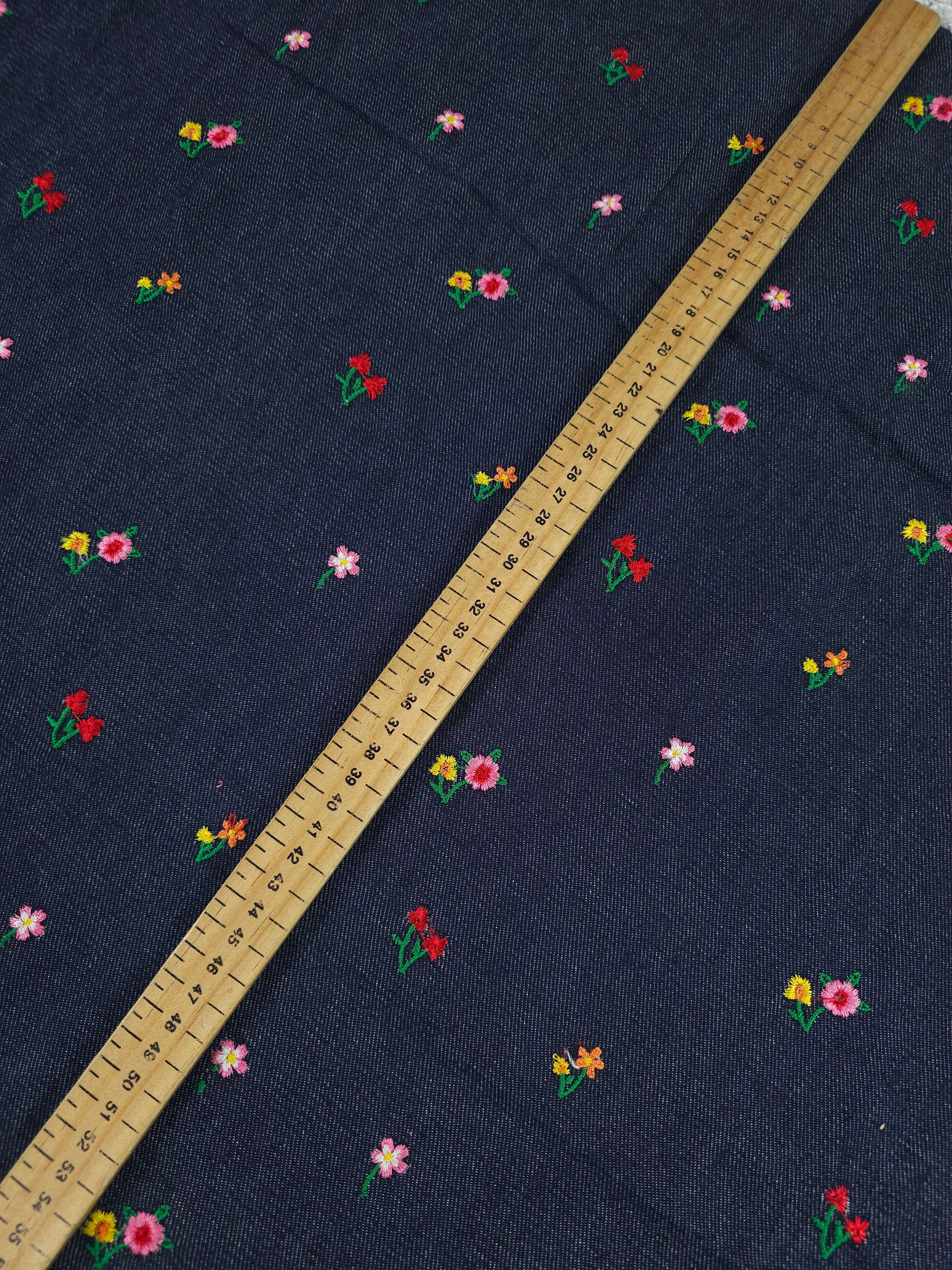Navy Embroidered Flower Denim