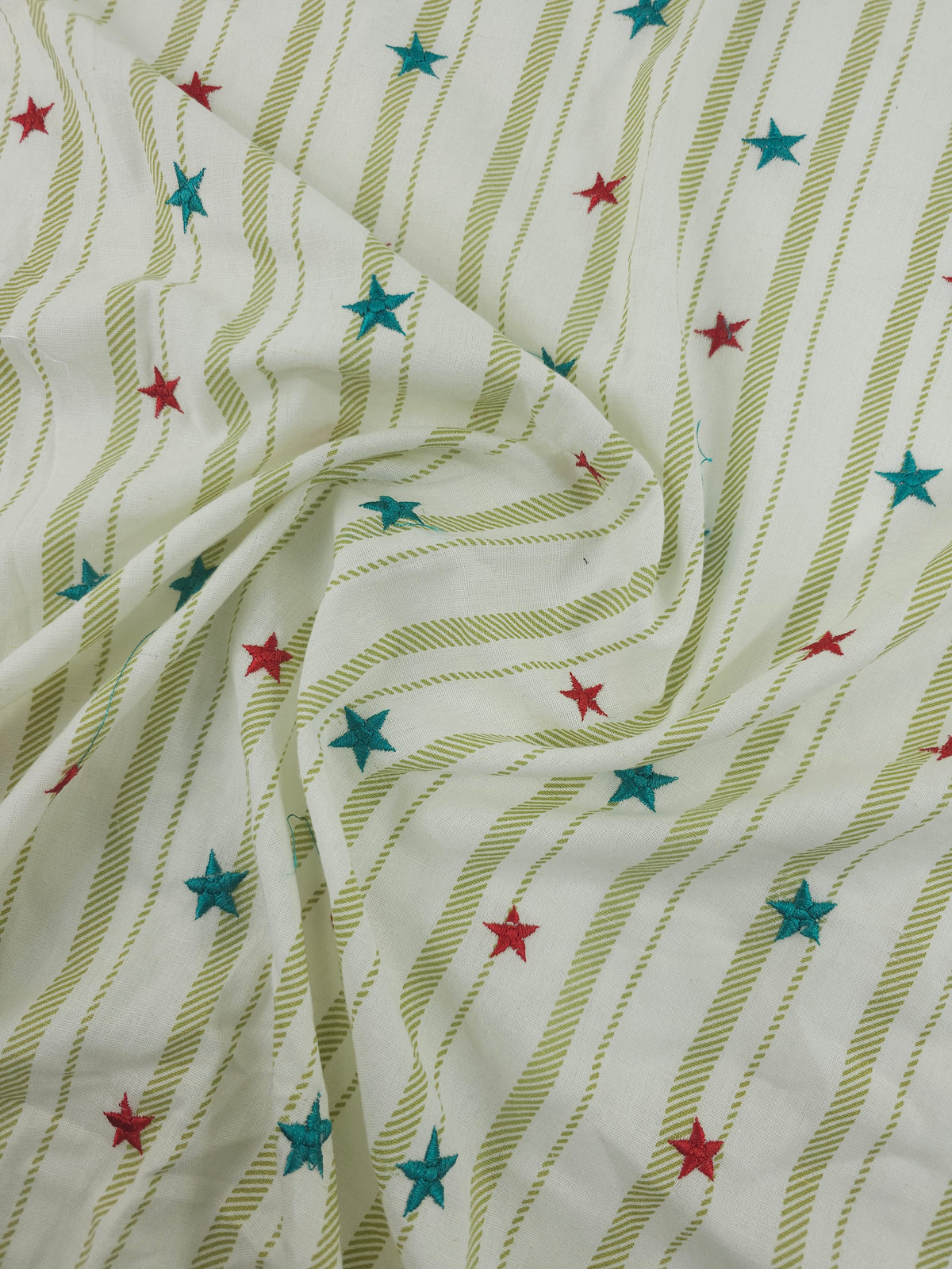 Green/Red Embroidered Star Stripe Flax Cotton