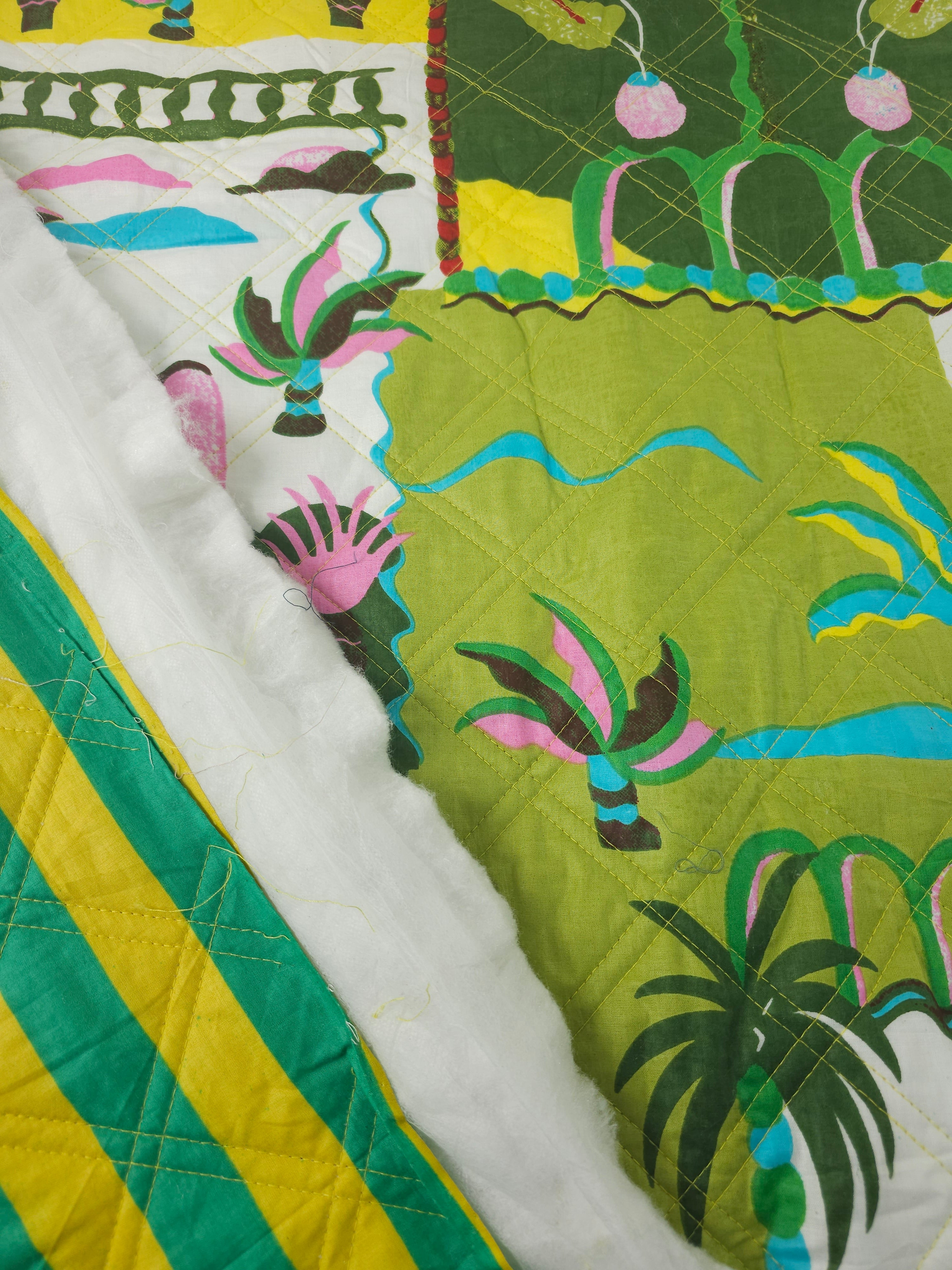 Green/Yellow Palm Tree Scenery Quilted Screen Print - 1.35m Piece