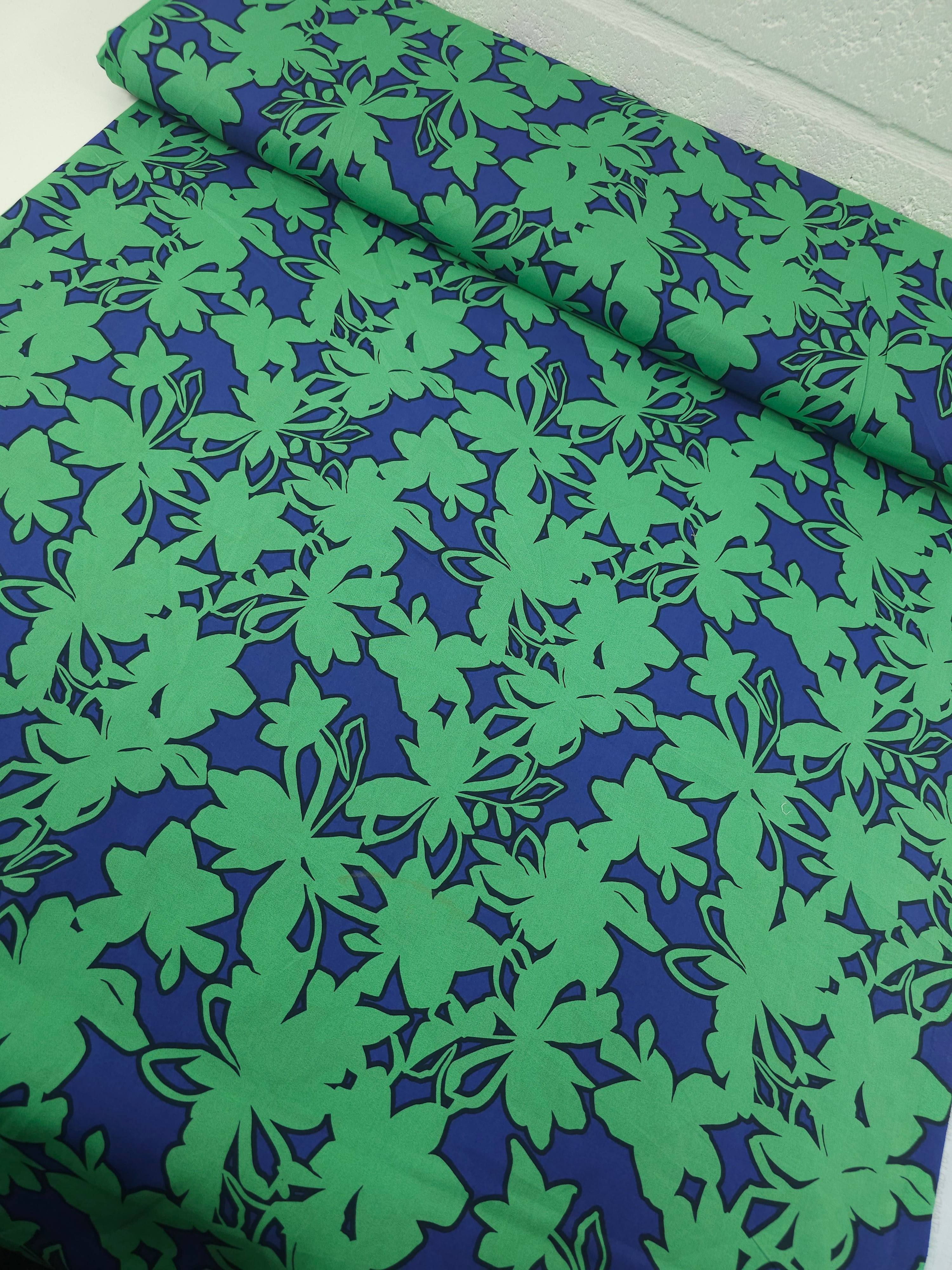 Blue/Green Floral Outline Fine Cotton Poplin 60"