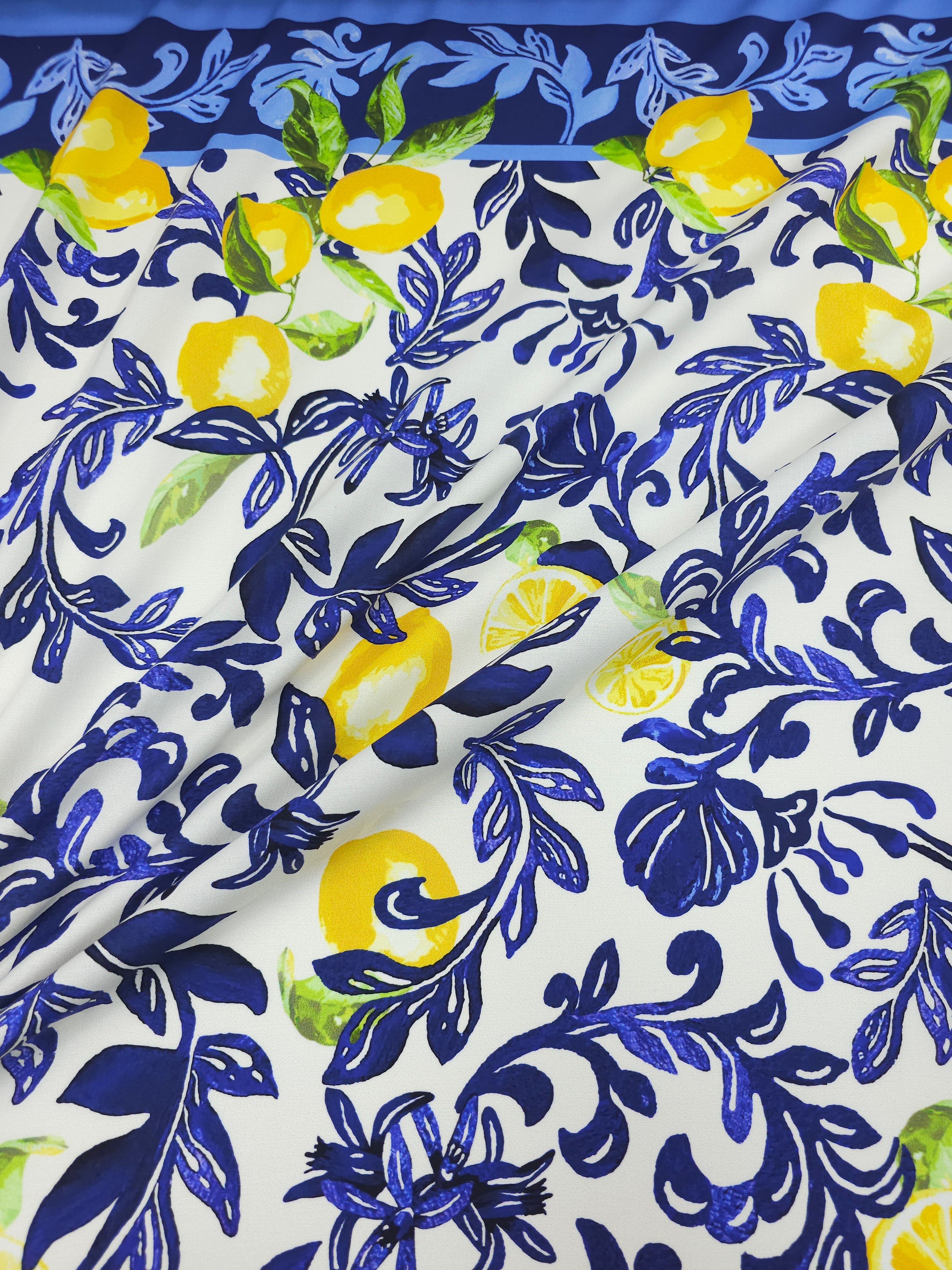 Blue/White Lemon Floral Lightweight Cotton - 1.75m Panel