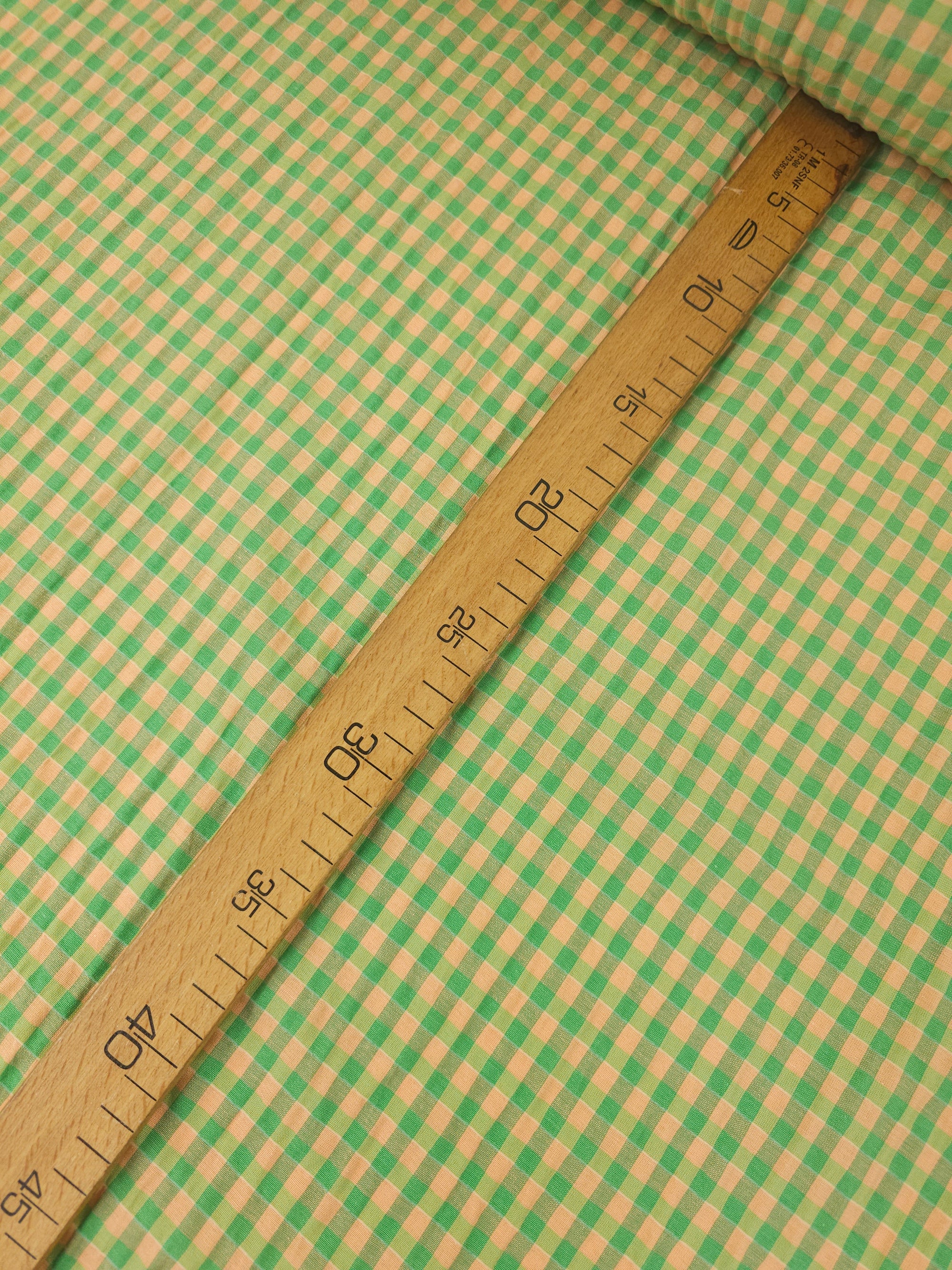 Green/Peach Crinkle Gingham Cotton Poly