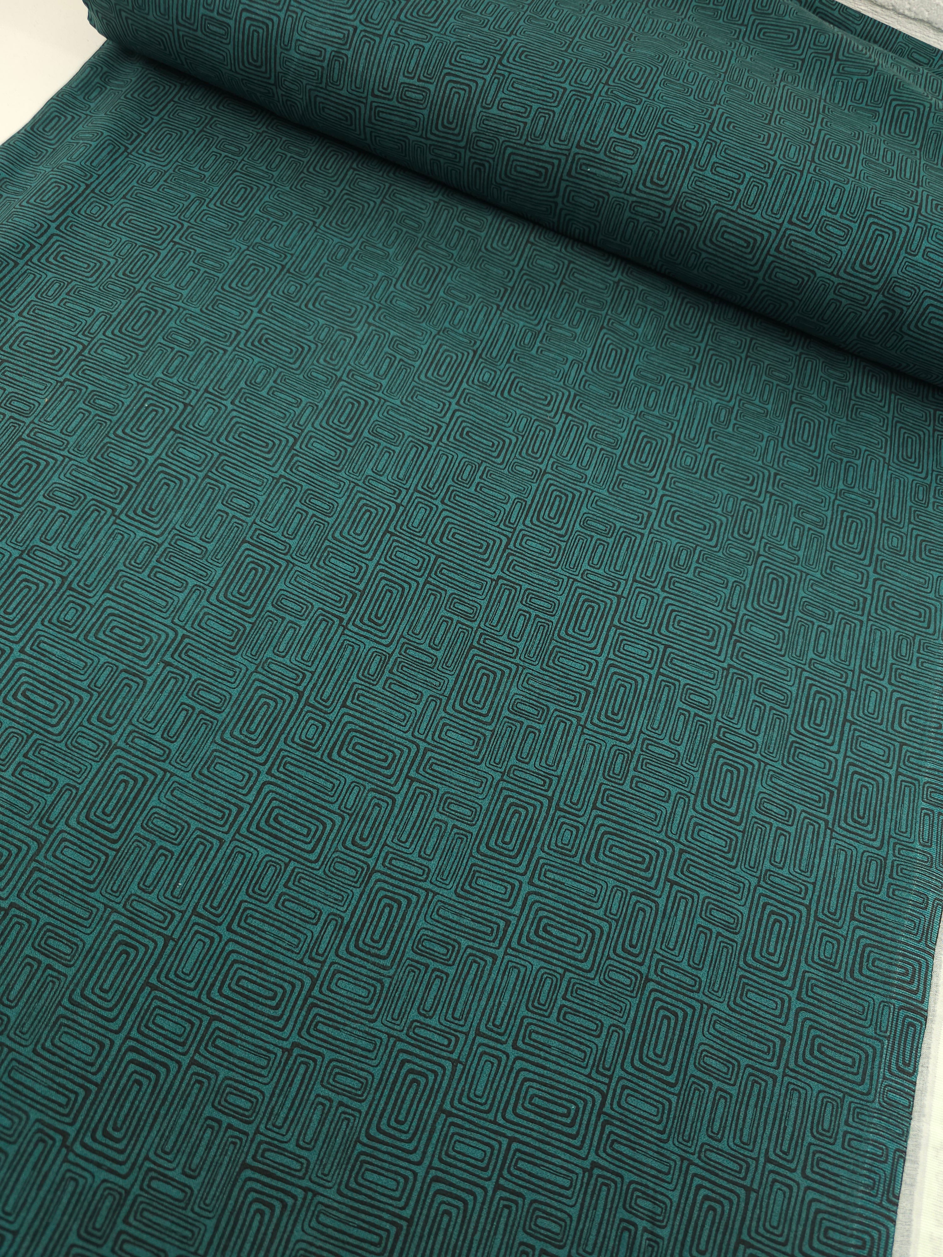 Dark Green Abstract Rectangle Doodle 100% Cotton - Benartex