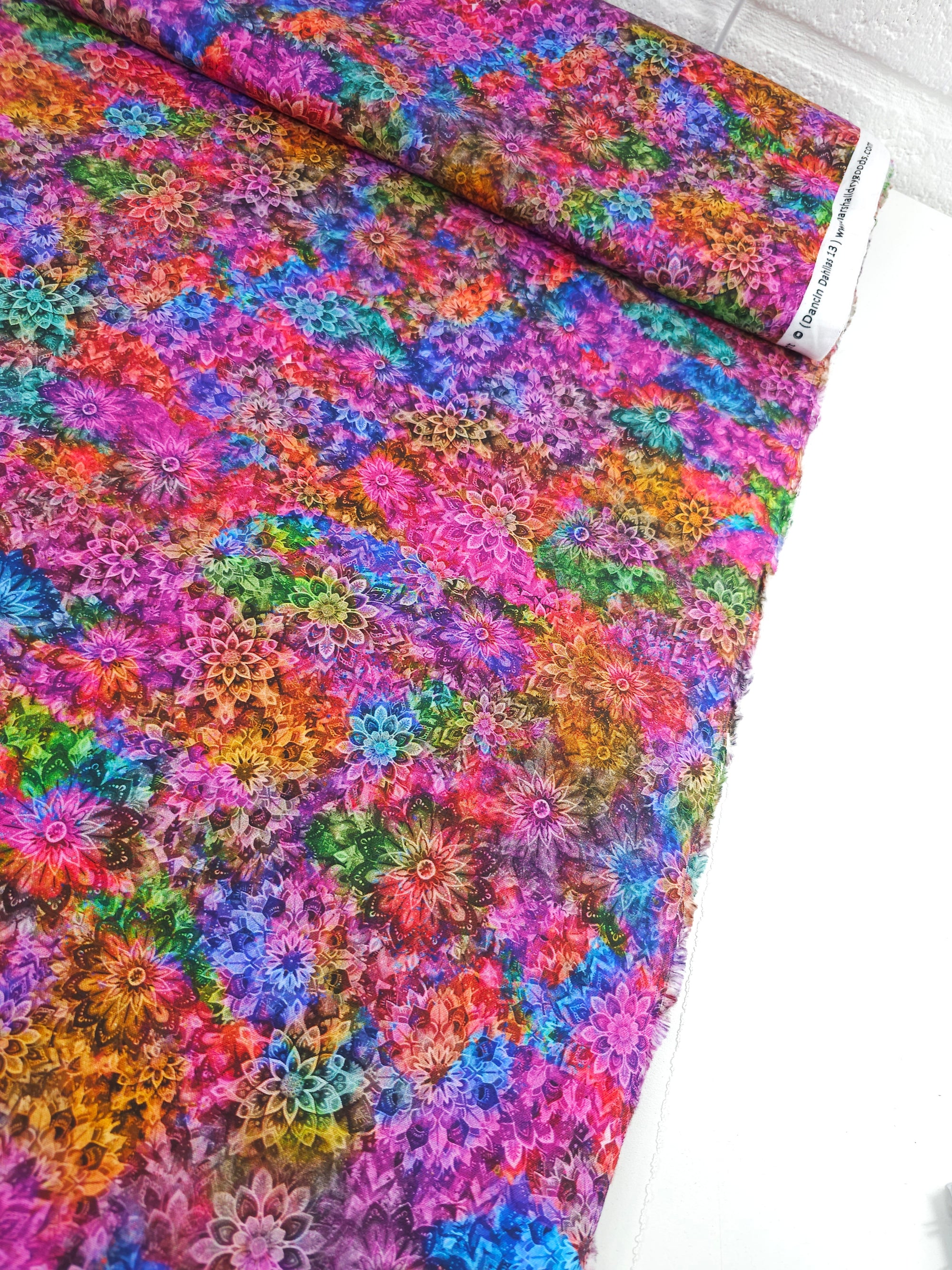 Deep Multicolour Dancing Dahlias Kaleidoscope 100% Cotton
