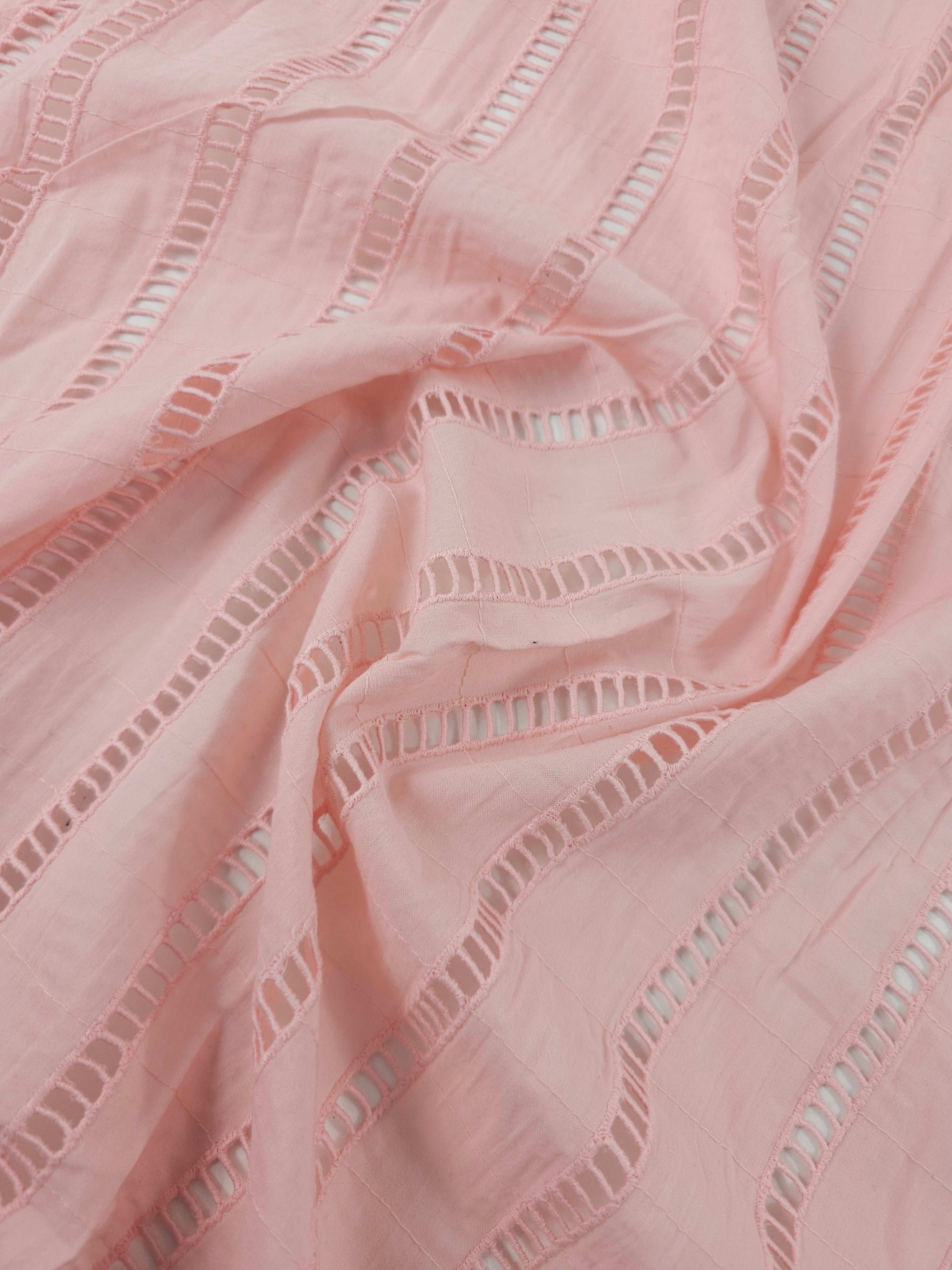 Soft Baby Pink Track Stripe Fine Cotton Poplin Broderie Anglaise