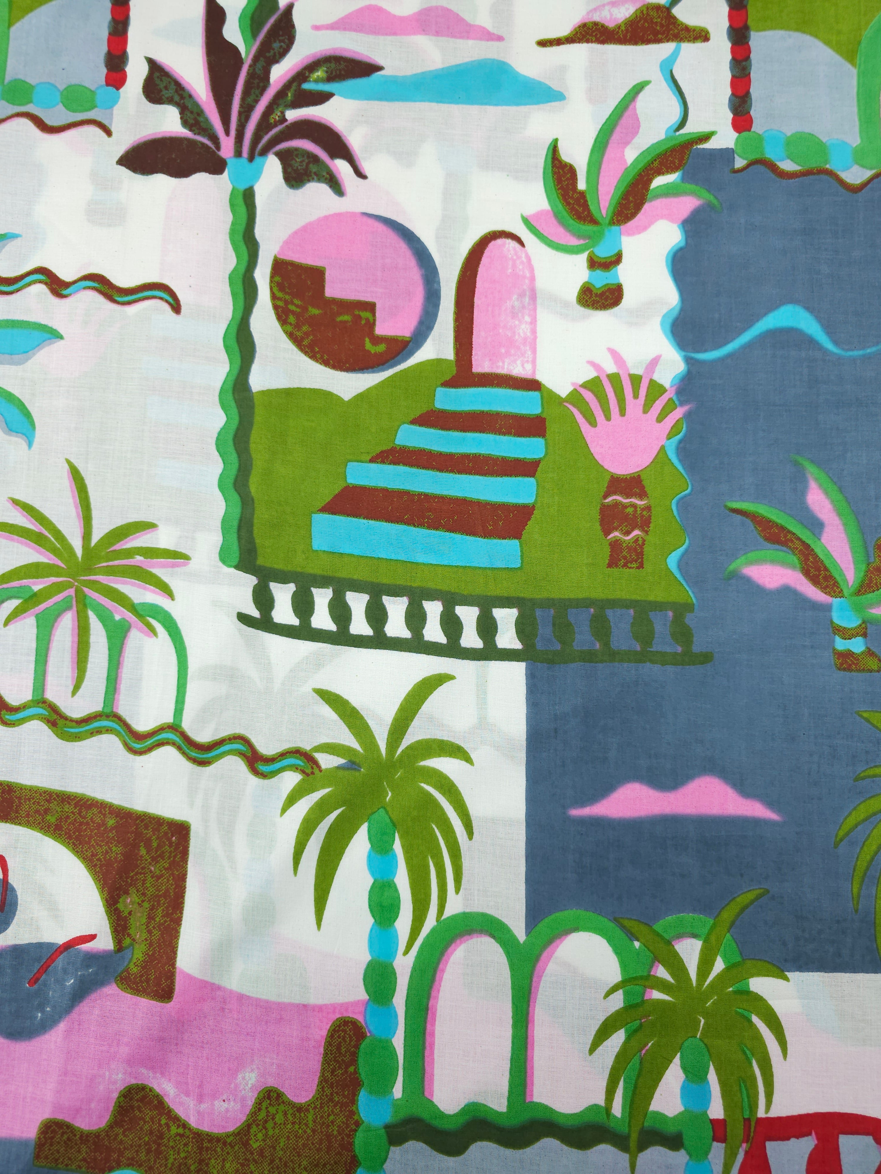Green/Grey Palm Tree Scenery Cambric Cotton
