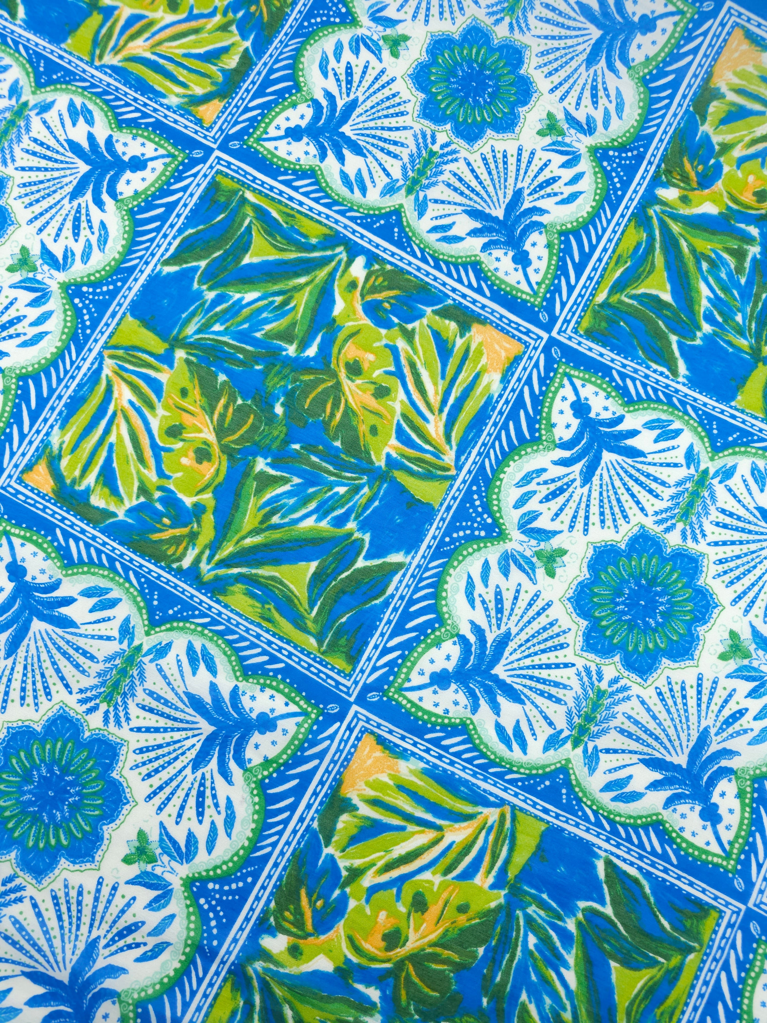Blue/Green Palm Tile Viscose Voile