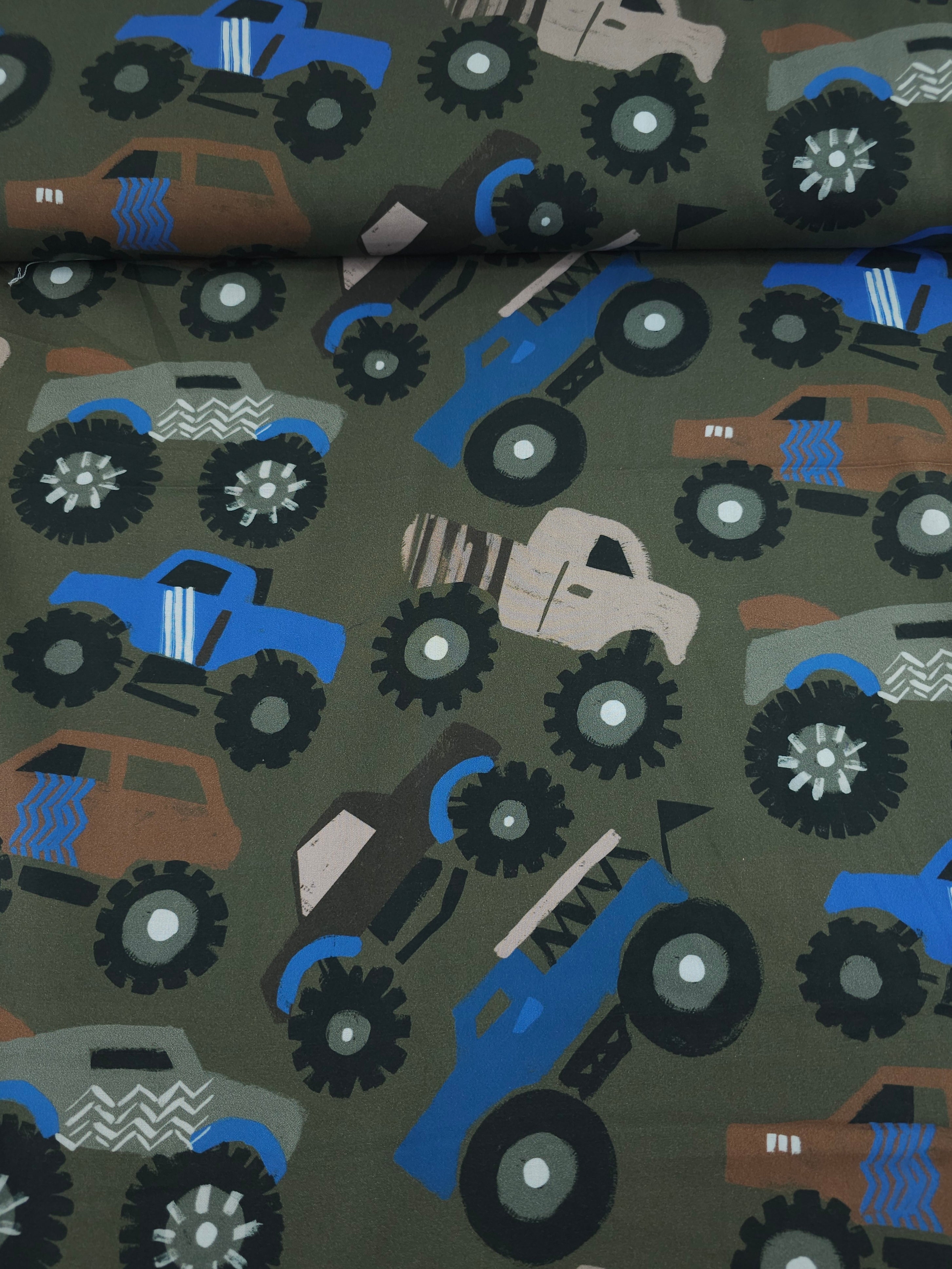 Khaki Monster Trucks 100% Cotton 57"