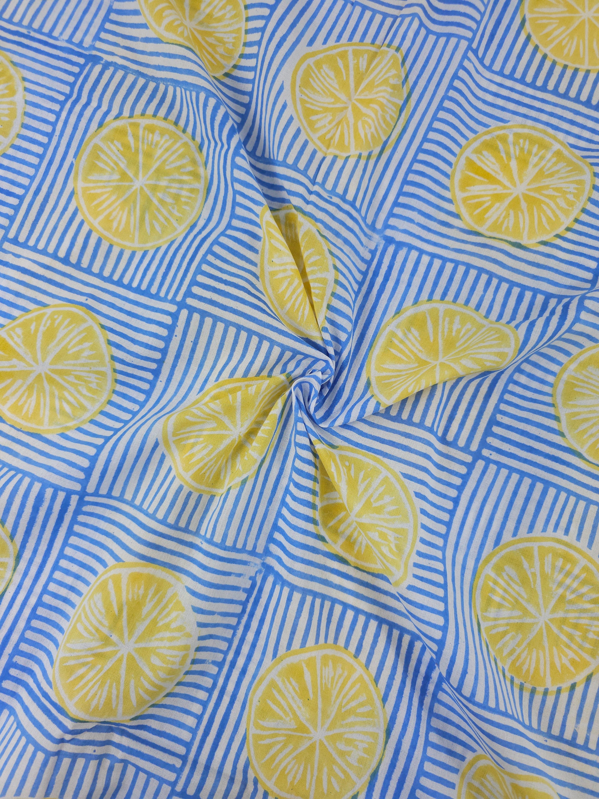 Lemon Stripe Tile Block Print Cotton
