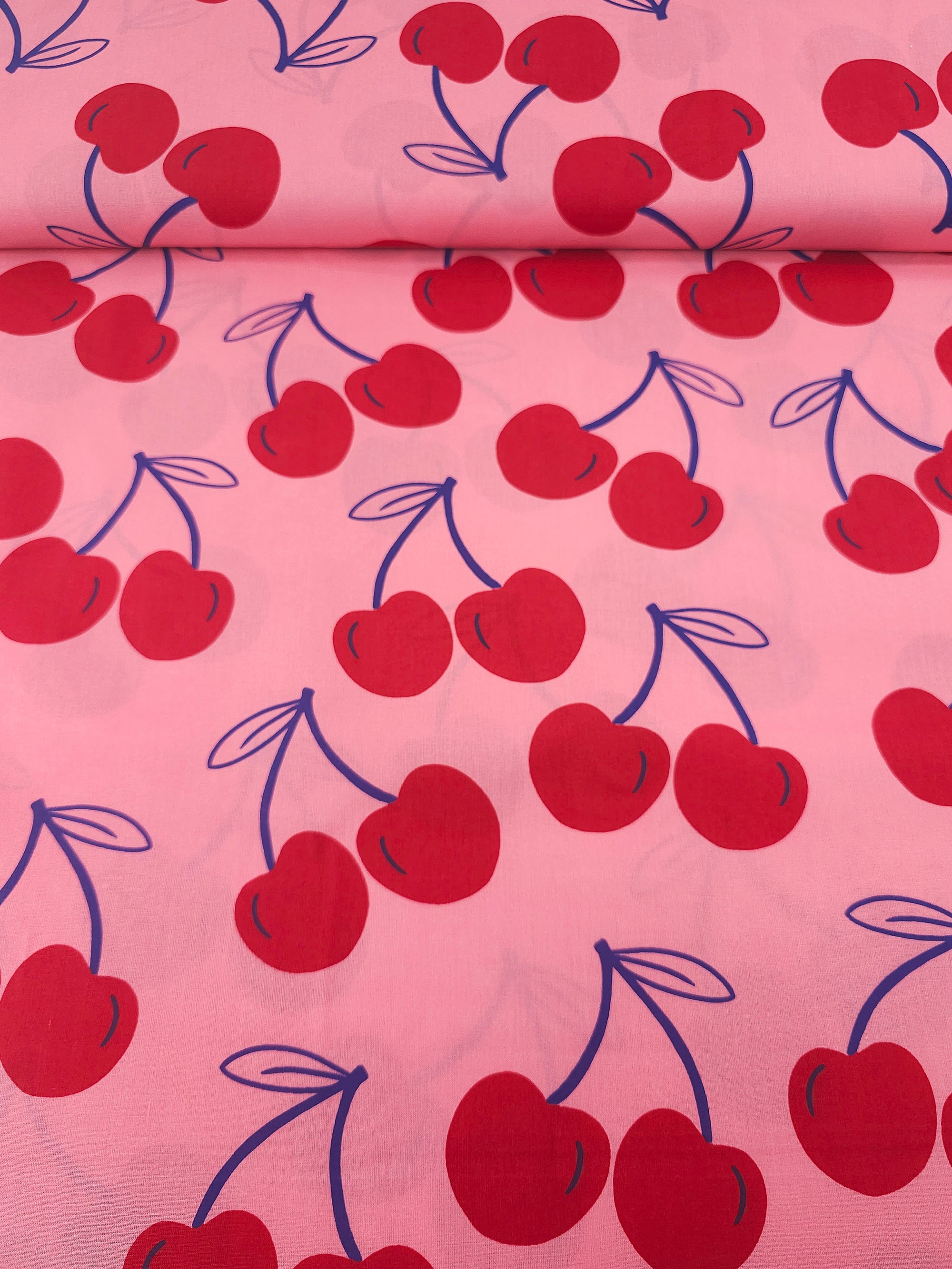 Fuchsia Pink Large Cherries Coated Cotton 60"