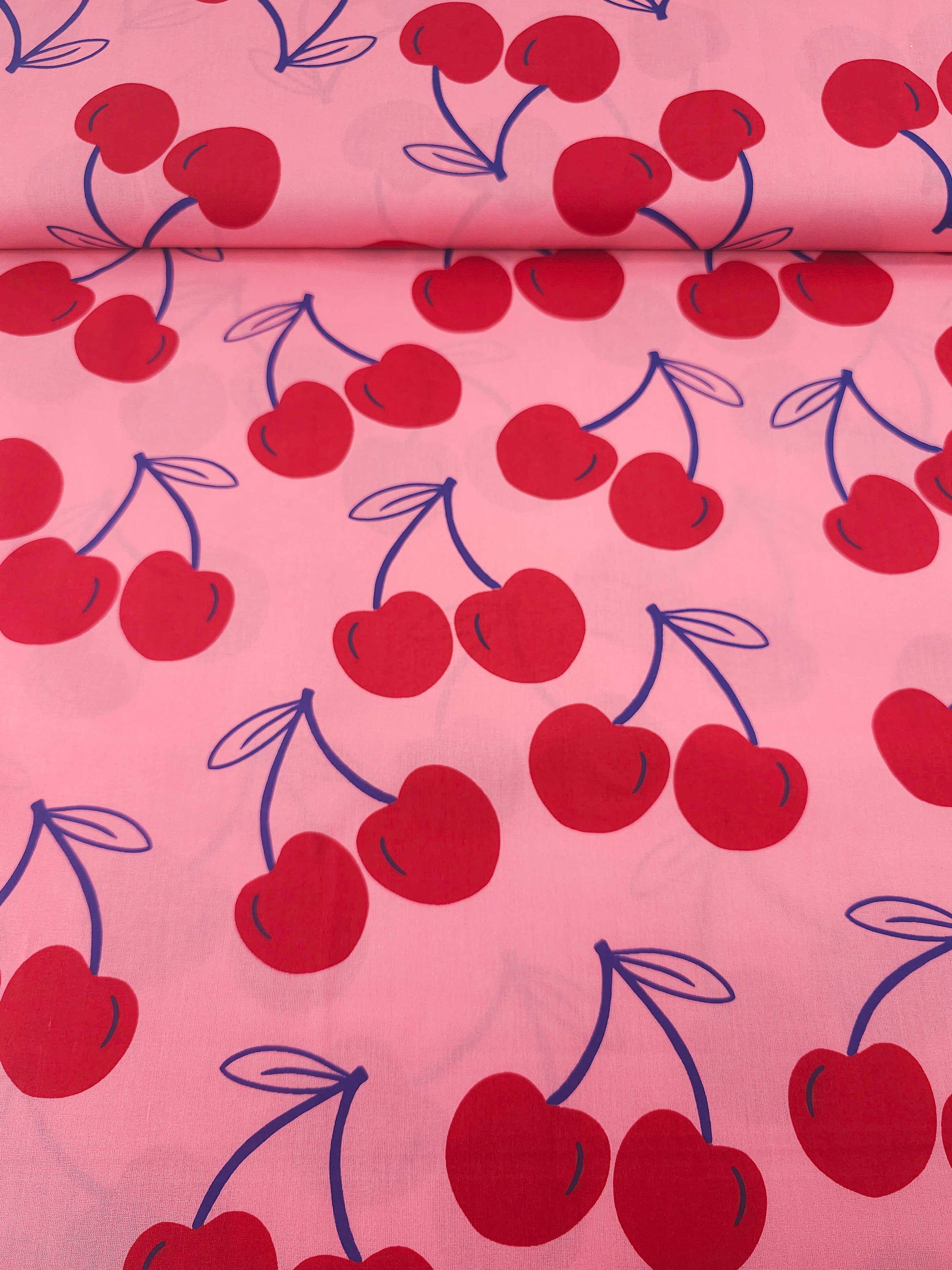 Fuchsia Pink Large Cherries Coated Cotton 60"