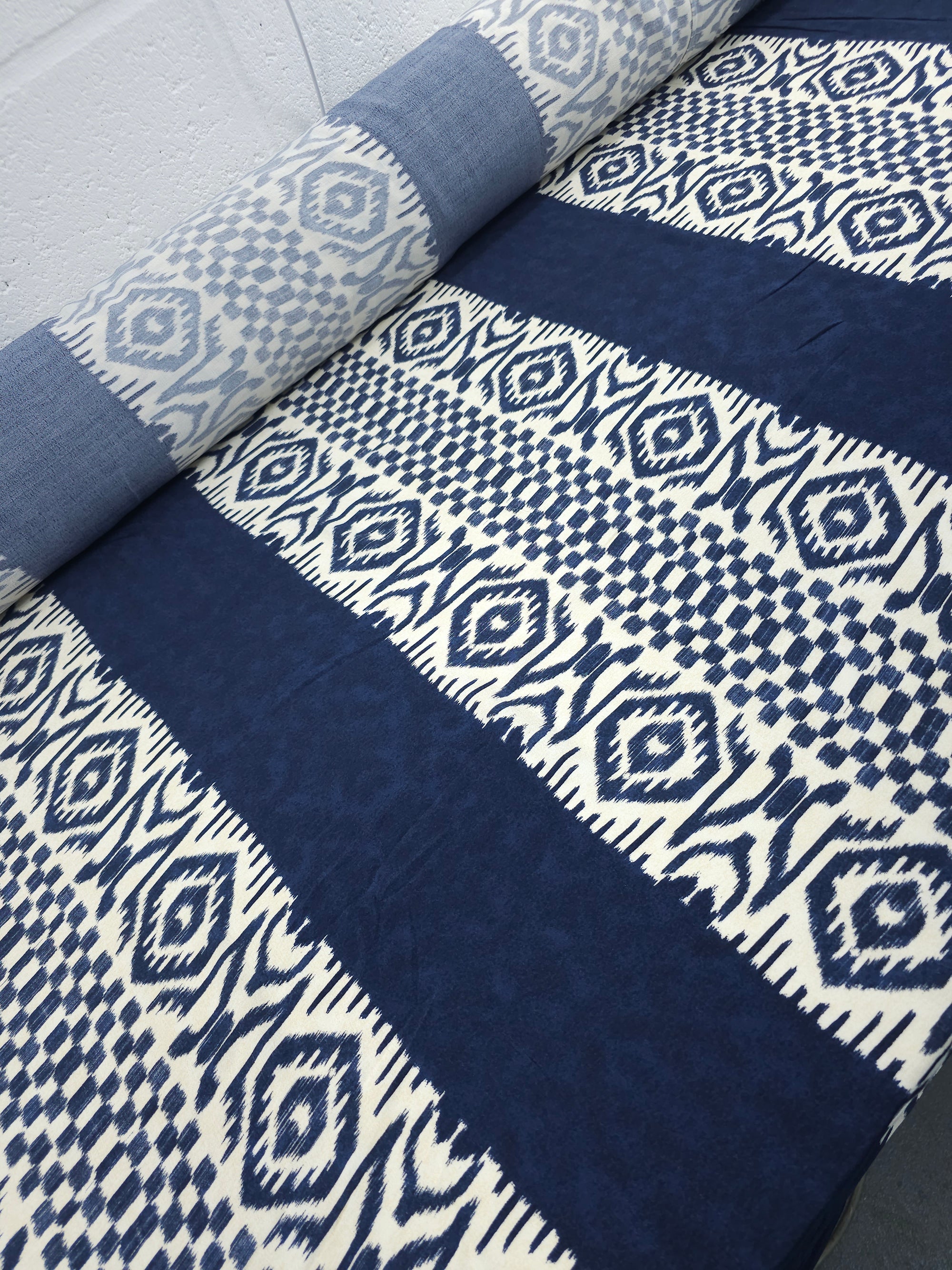 Navy Washed Retro Panel Stripe Viscose Crepe