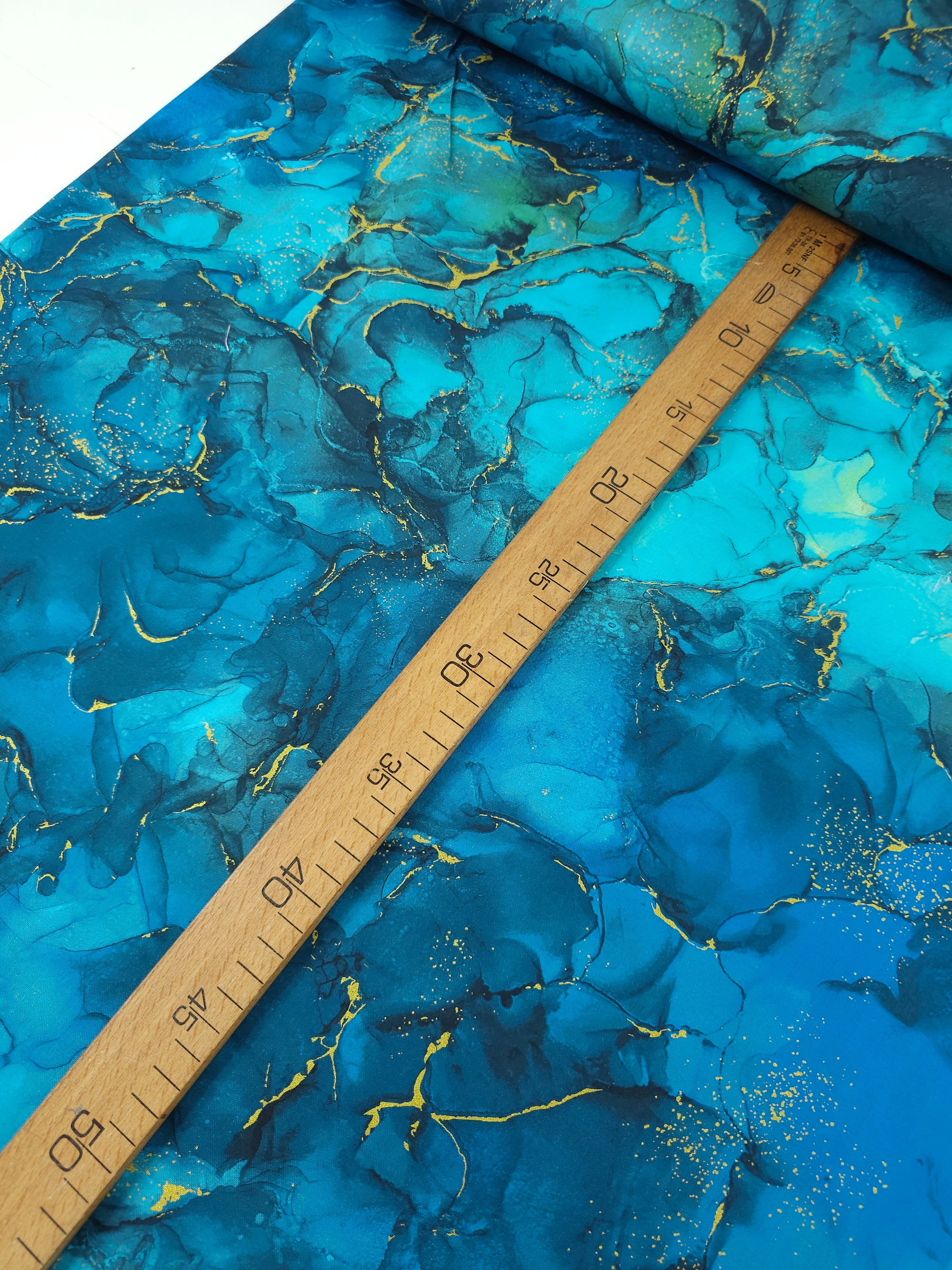 Teal Blue/Gold Marble 100% Cotton