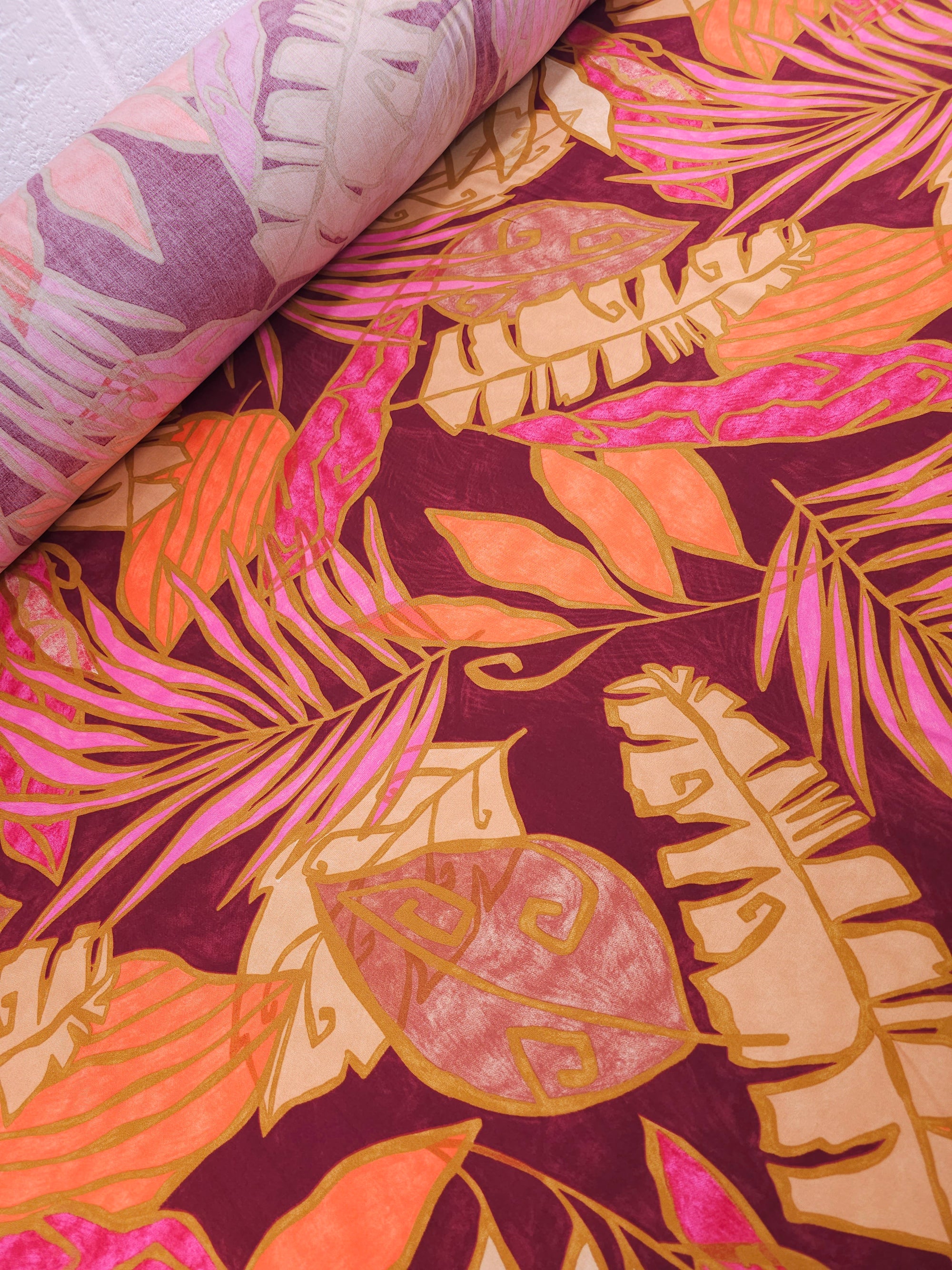 Plum/Orange Large Palm Leaf Viscose Challis