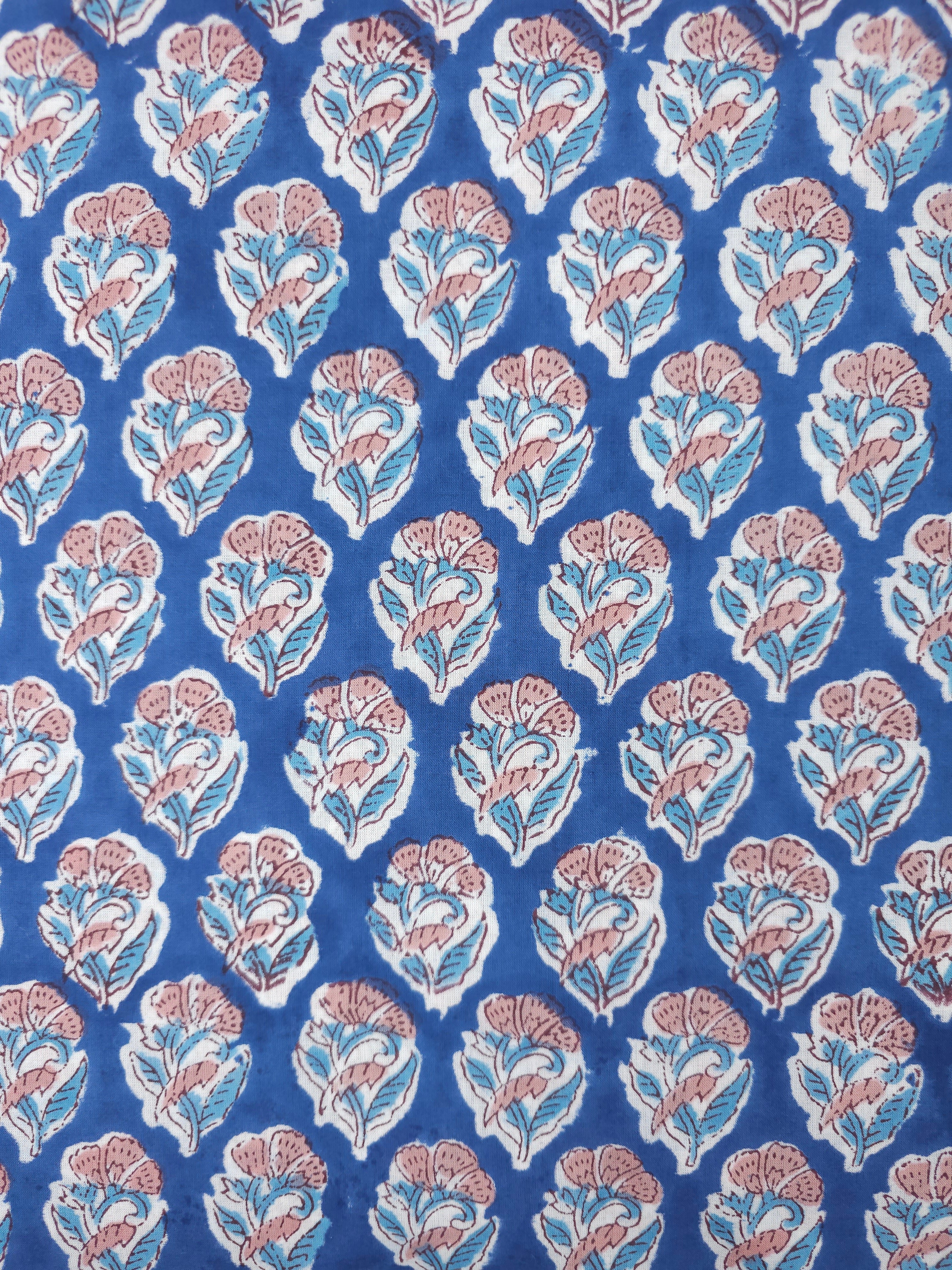 Blue/Peach Floral Block Print Cotton