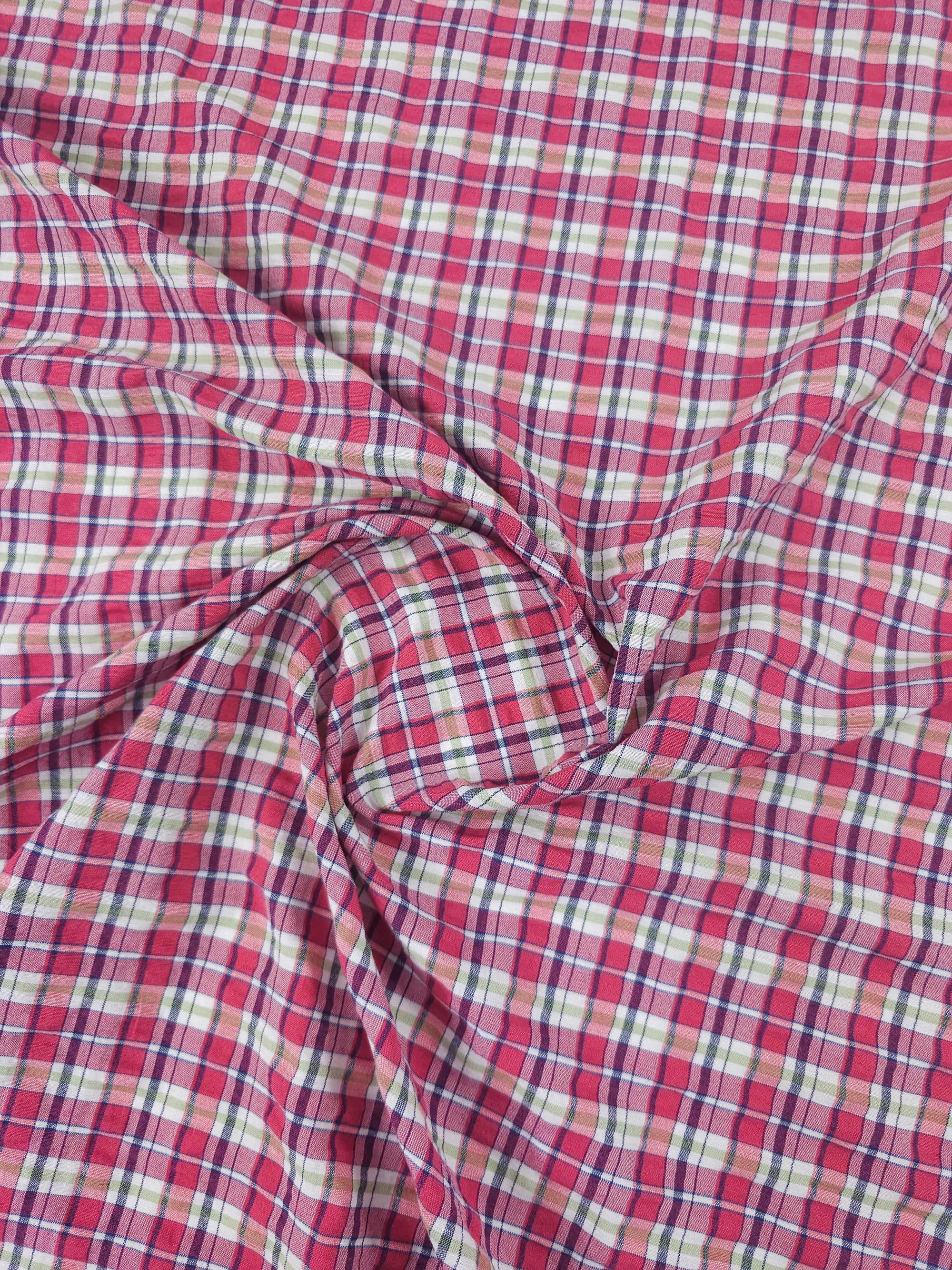 Rose/Green Tartan Crinkle Cotton