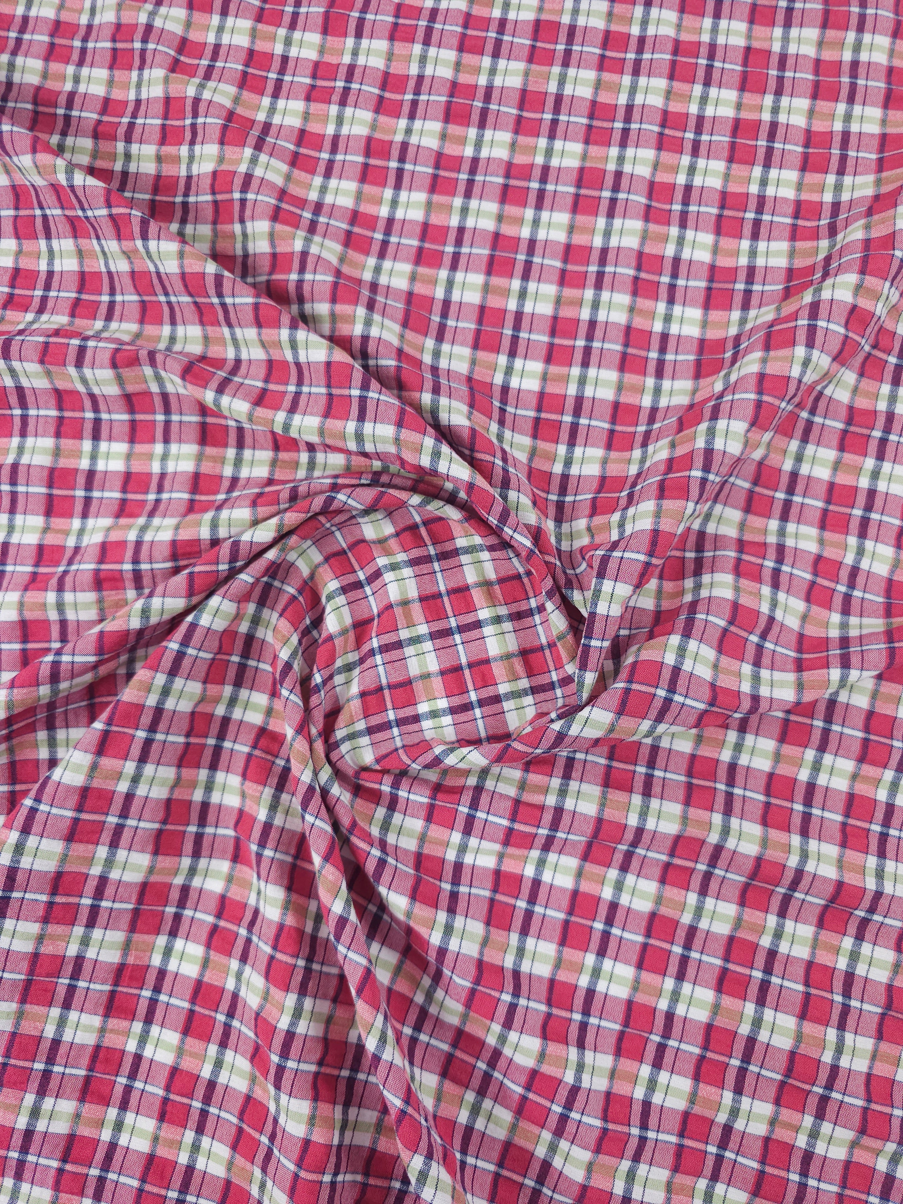 Rose/Green Tartan Crinkle Cotton