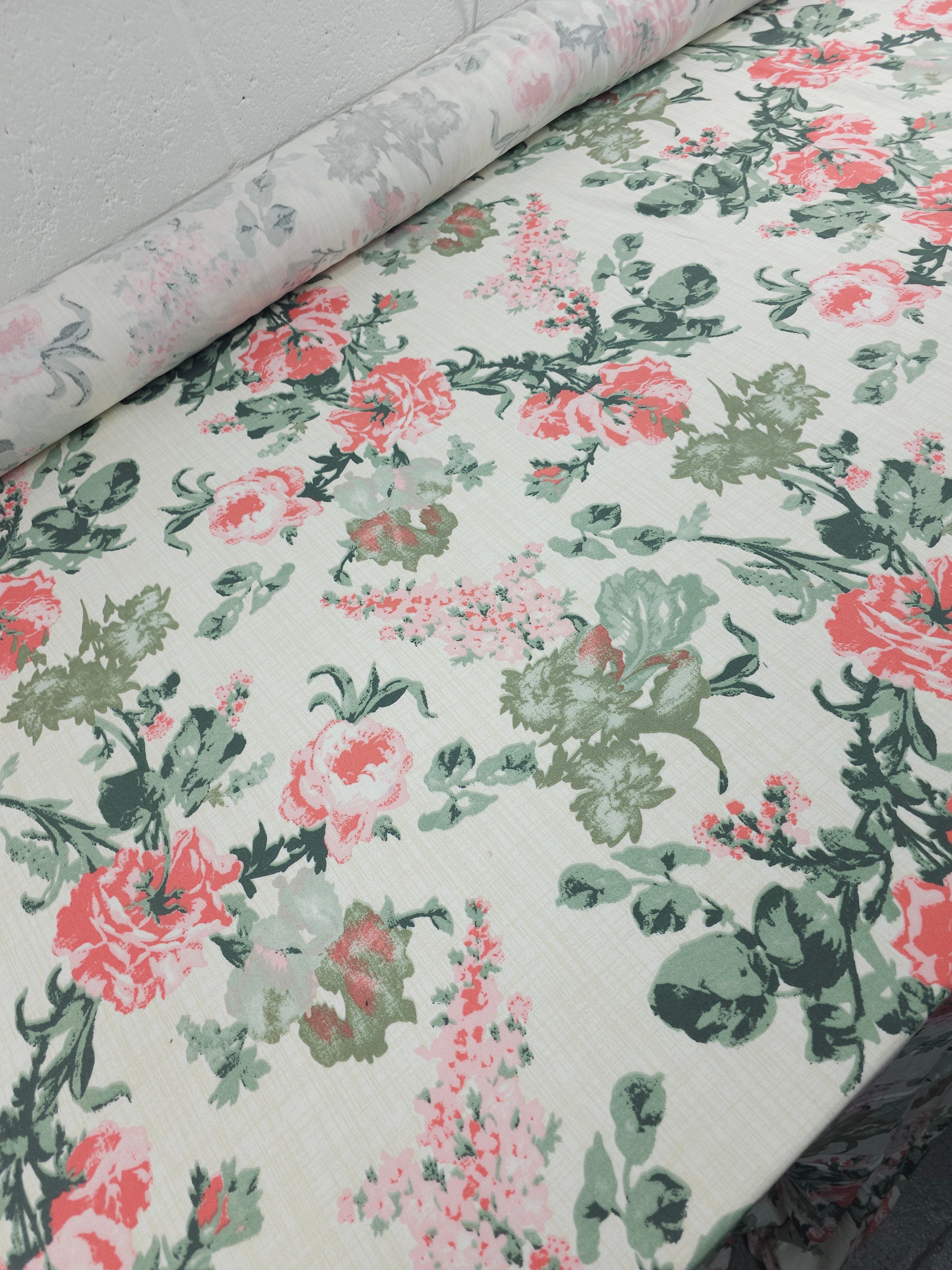 Retro Coral Rose Floral Viscose Challis