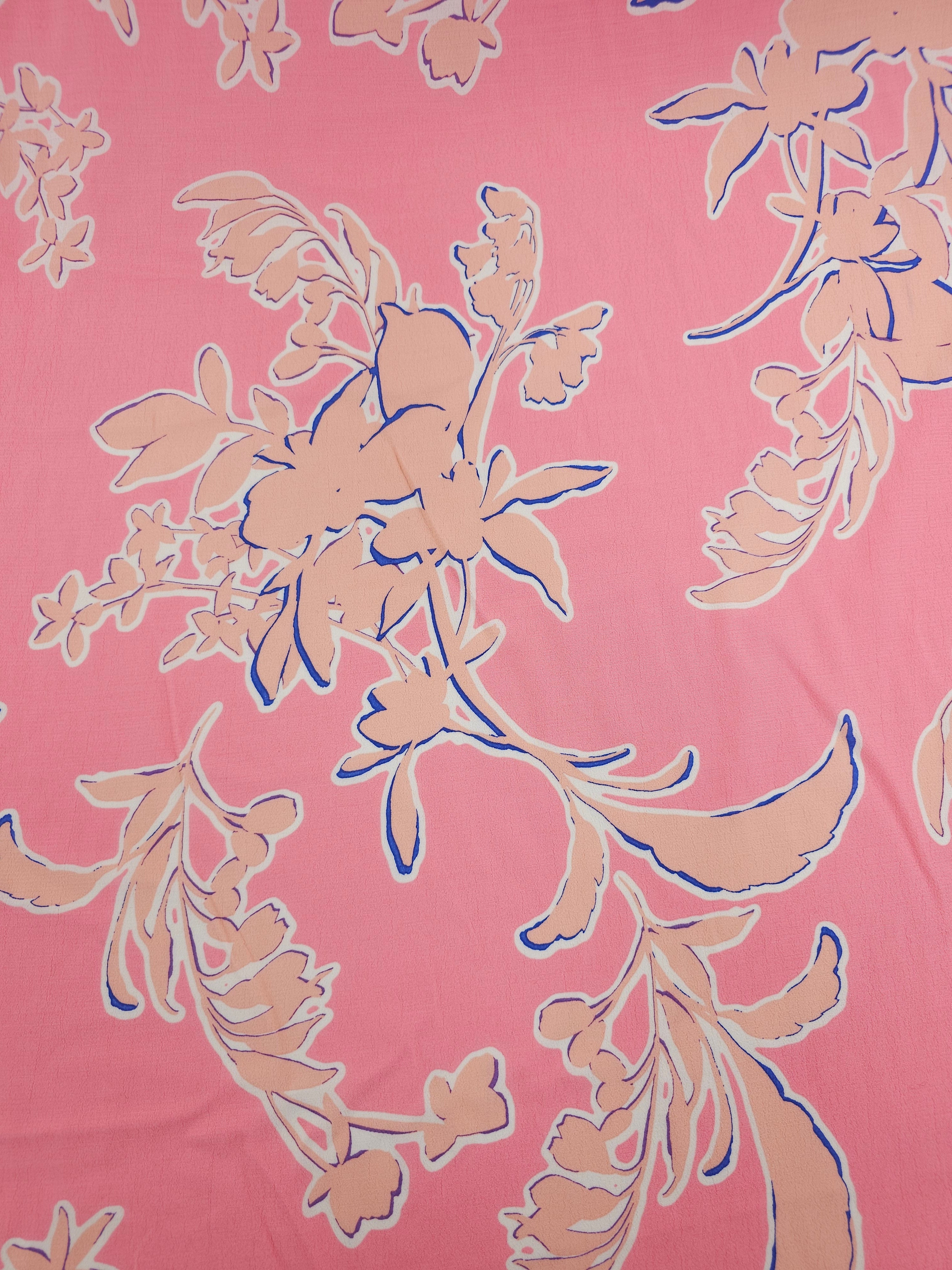 Pink/Peach Floral Outline Viscose Crepe