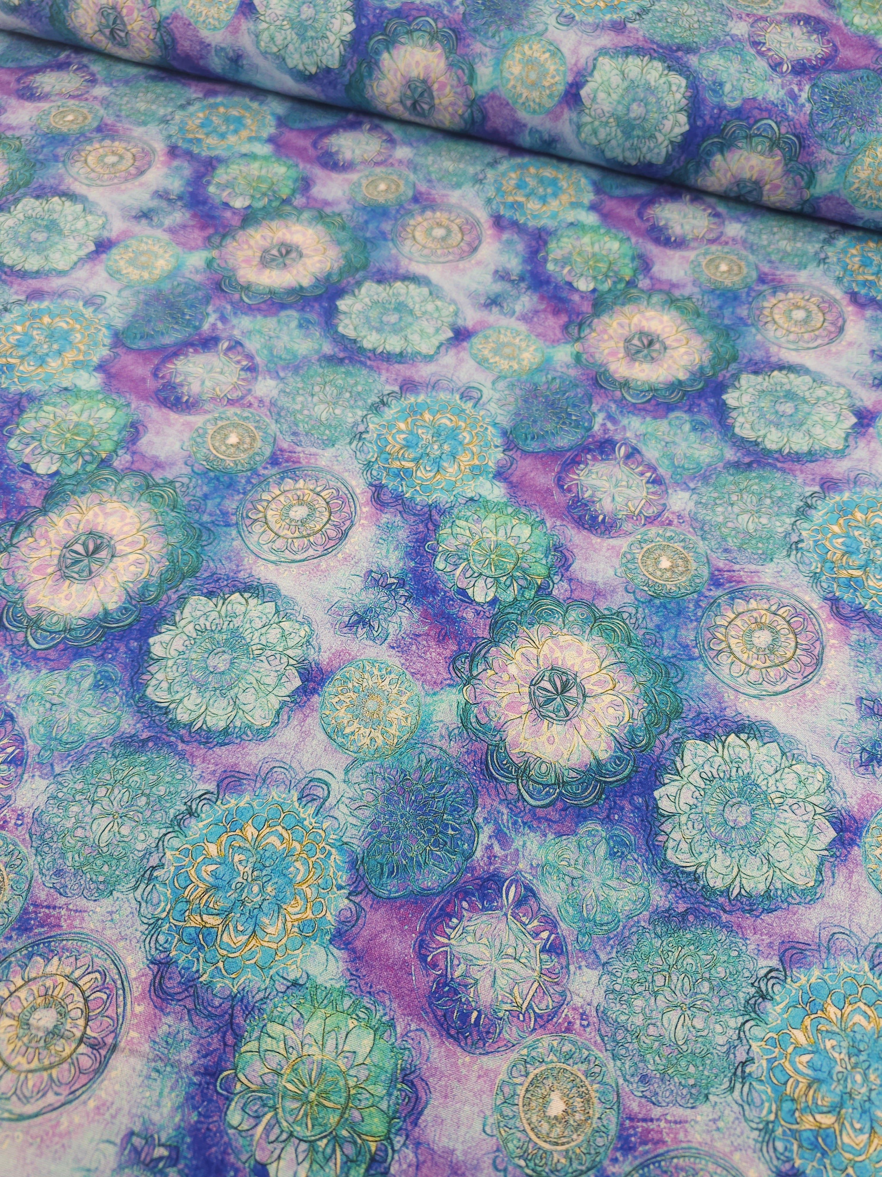 Purple/Turquoise Spiral Medallion 100% Cotton 104” *EXTRA WIDE*