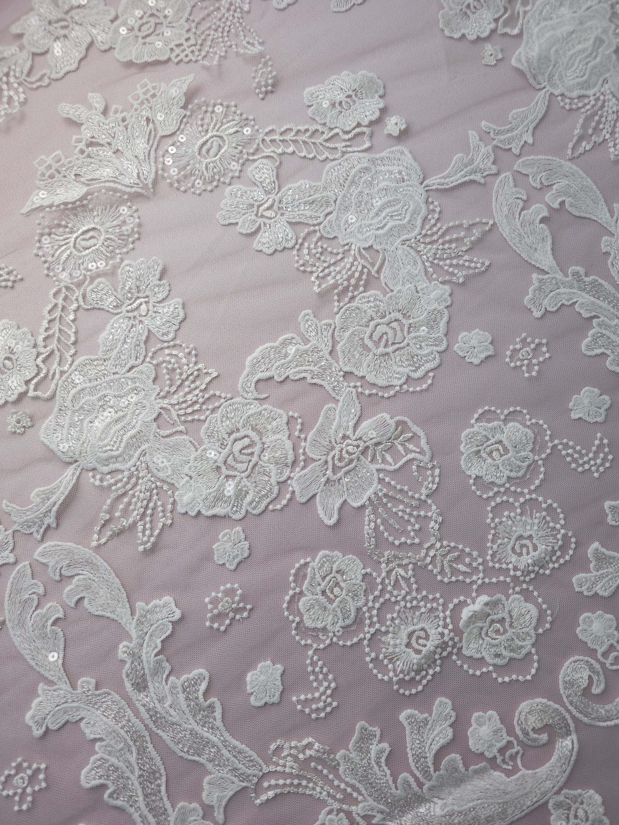 *Laura* White Embroidered Sequin Floral Lace