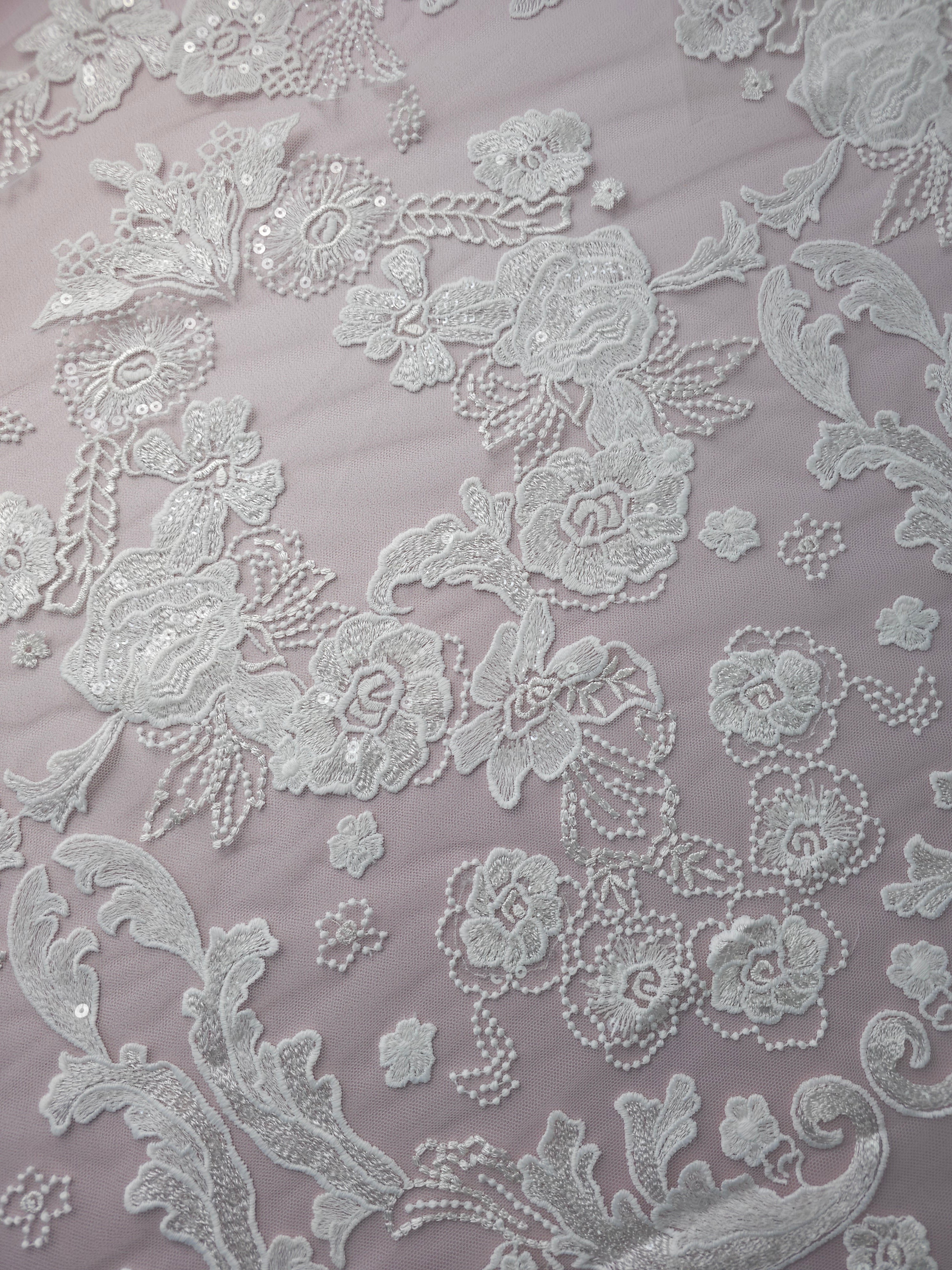 *Laura* White Embroidered Sequin Floral Lace