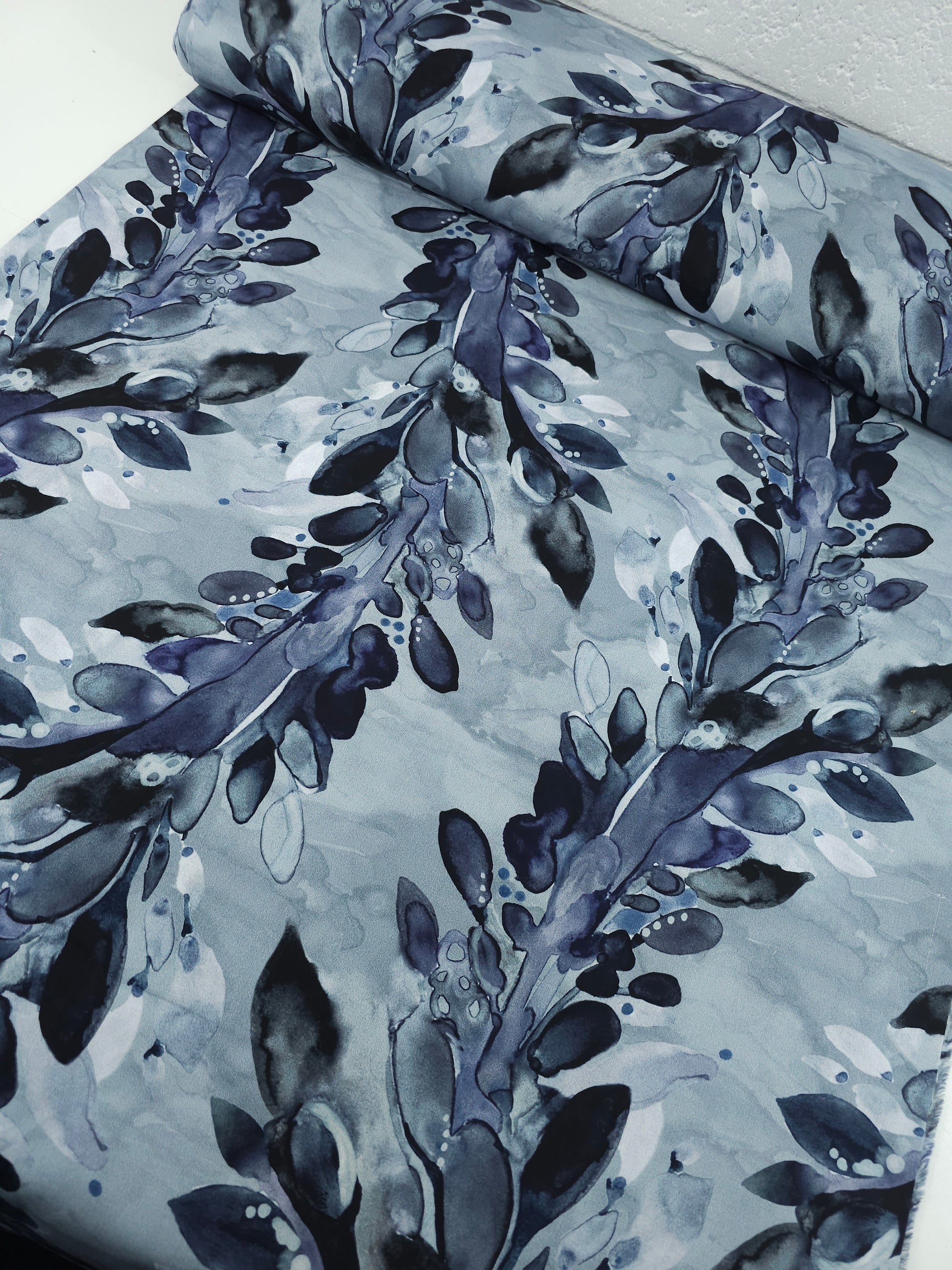 Indigo/Grey Watercolour Nature Stalk 100% Cotton 102" - Shell Rummel *EXTRA WIDE*