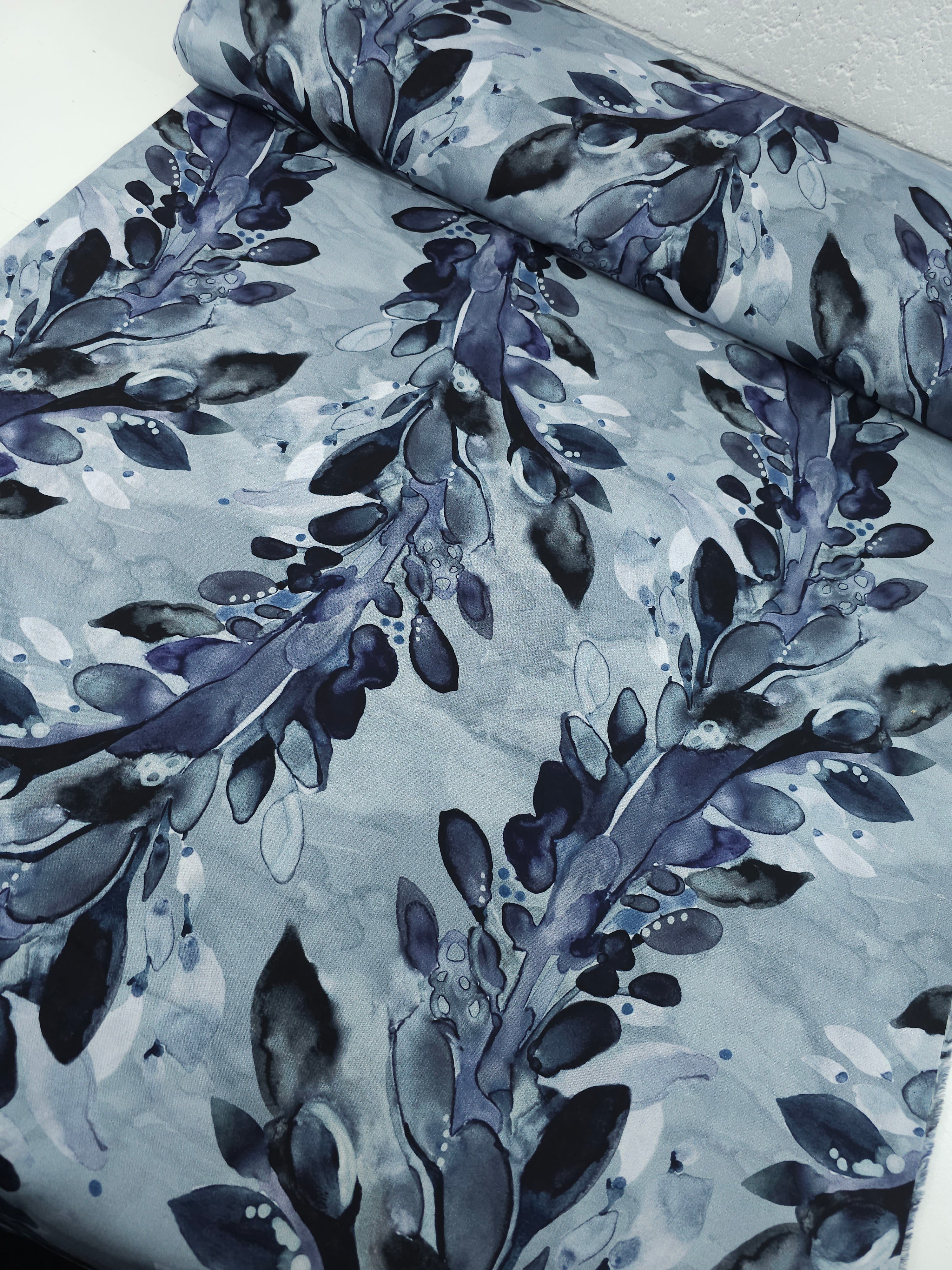 Indigo/Grey Watercolour Nature Stalk 100% Cotton 102" - Shell Rummel *EXTRA WIDE*