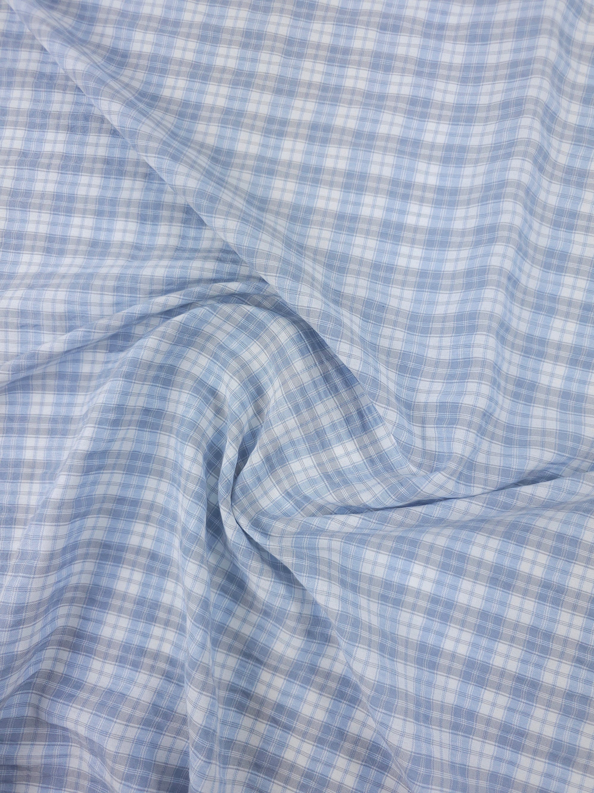 Baby Blue/Grey Tartan Crinkle Poly Cotton