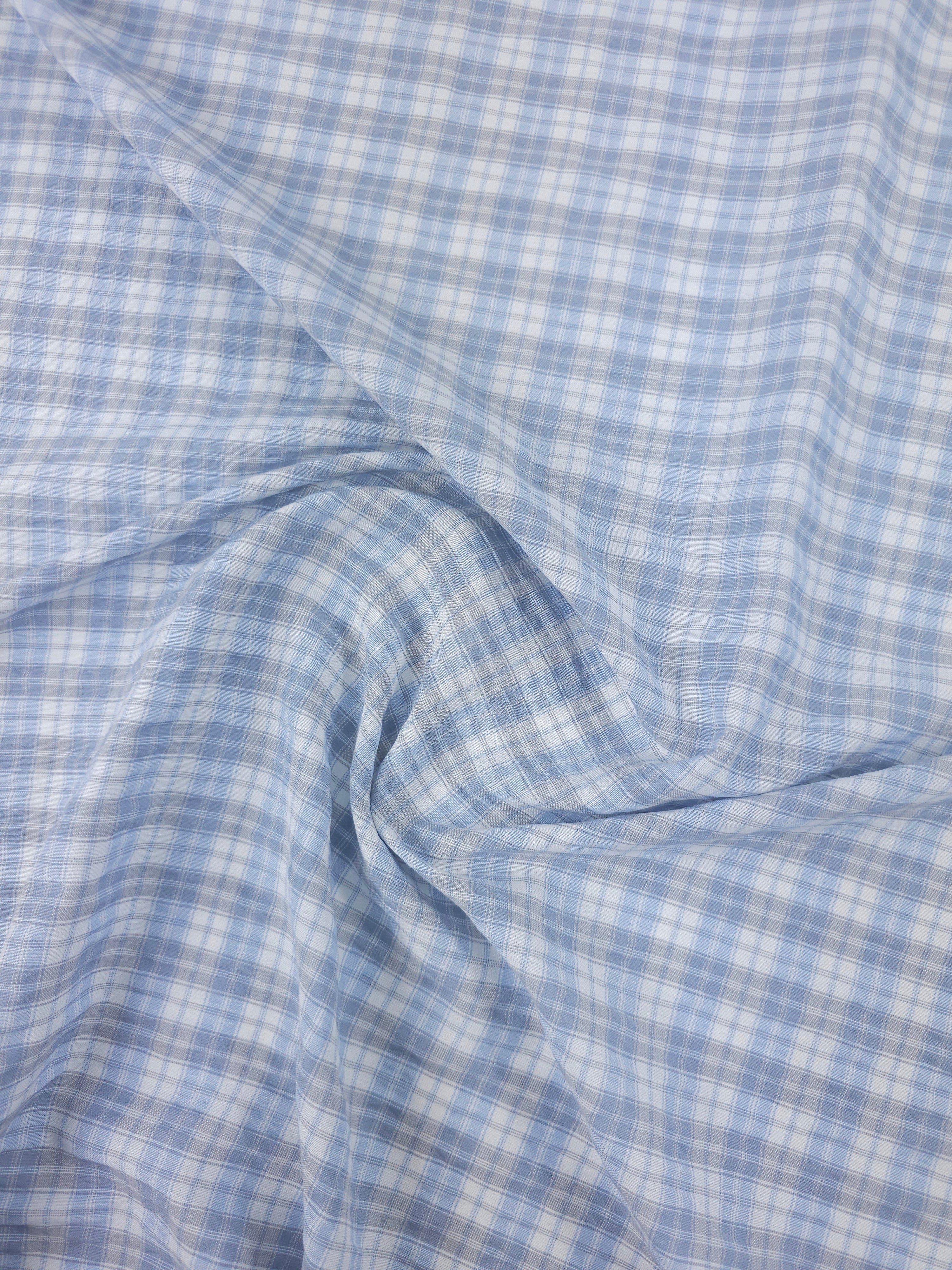 Baby Blue/Grey Tartan Crinkle Poly Cotton