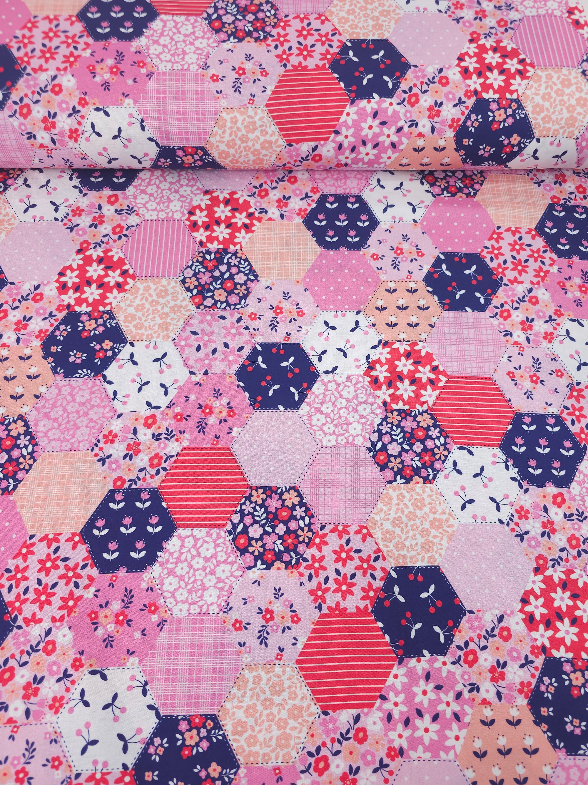 Cherry Floral Patchwork Hexagons 100% Cotton